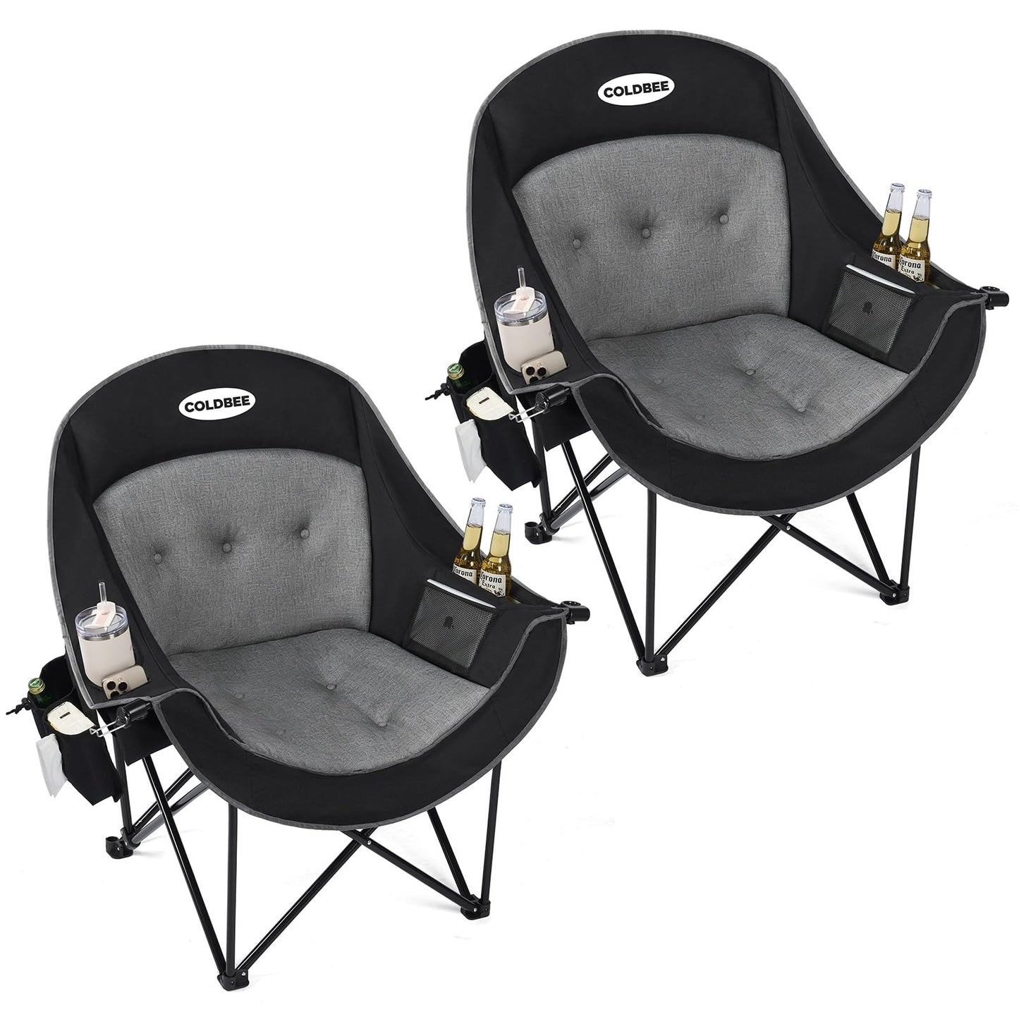 Coldbee Oversized Camping Chairs for Adults - Heavy Duty Padded Folding Lawn Chairs with Cup Holders & Cooler Bag, Comfy Outdoor Chair for Picnic, Beach, Fishing (Black)