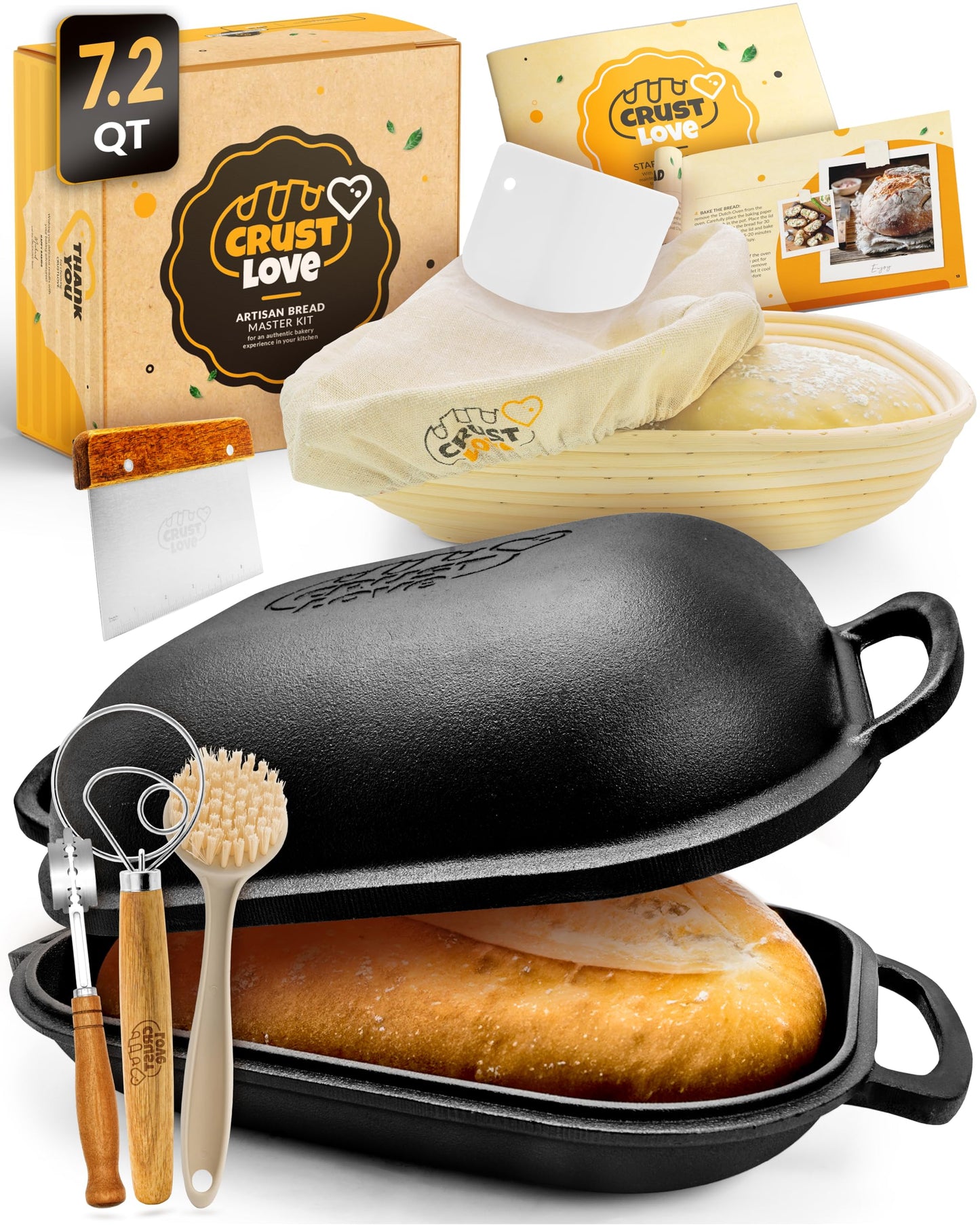 CRUSTLOVE Cast Iron Dutch Oven for Bread Baking - incl. Sourdough Bread-Baking Supplies like Banneton Bread-Proofing Basket - 5QT Bread-Oven with Lid Bread-Making Kit Pan, Pot, Sour Sough Tools, Lame