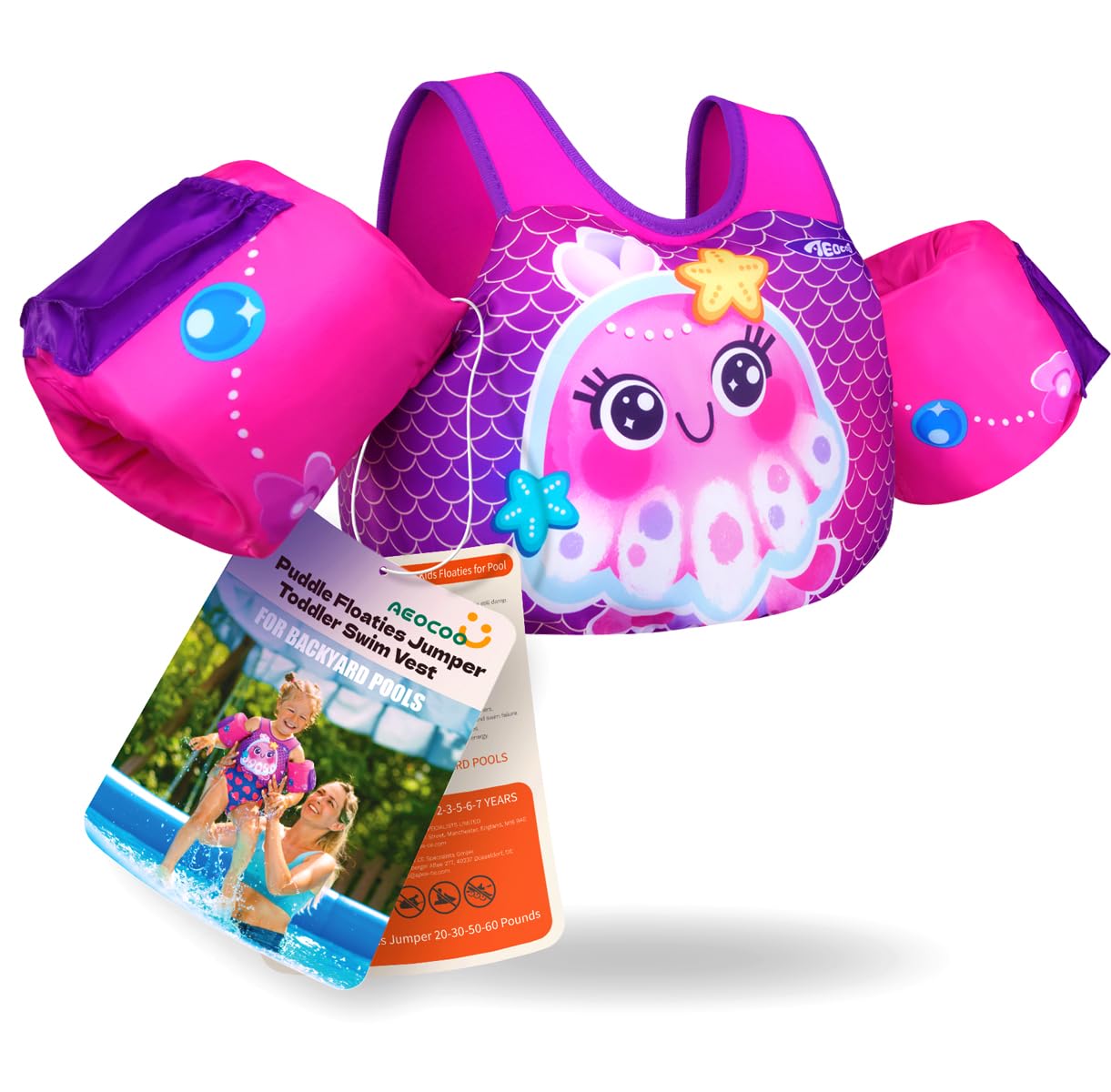 AEOCOO Puddle Float Jumper 20-30-50-60-70 Pounds, Toddler Swim Vest for 1-3-5-6-9 Years Old, Pool Floats with Swimming Arm Floaties Swim Jacket & Water Wings for Kids Swimmies, Boys, Girls, Niños