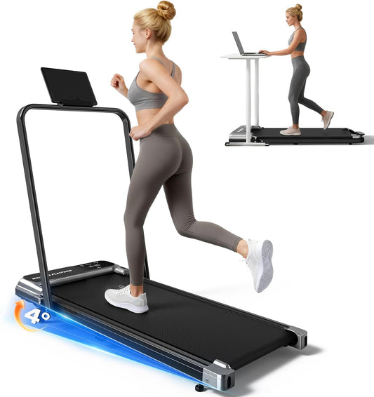 Walking Pad Treadmill with Handle Bar and Adjustable Incline, Compact Portable Treadmills for Home Office, 2.5HP Quiet Anti-Slip Under Desk Treadmills, 0.6-3.8 MPH Remote Speed Control