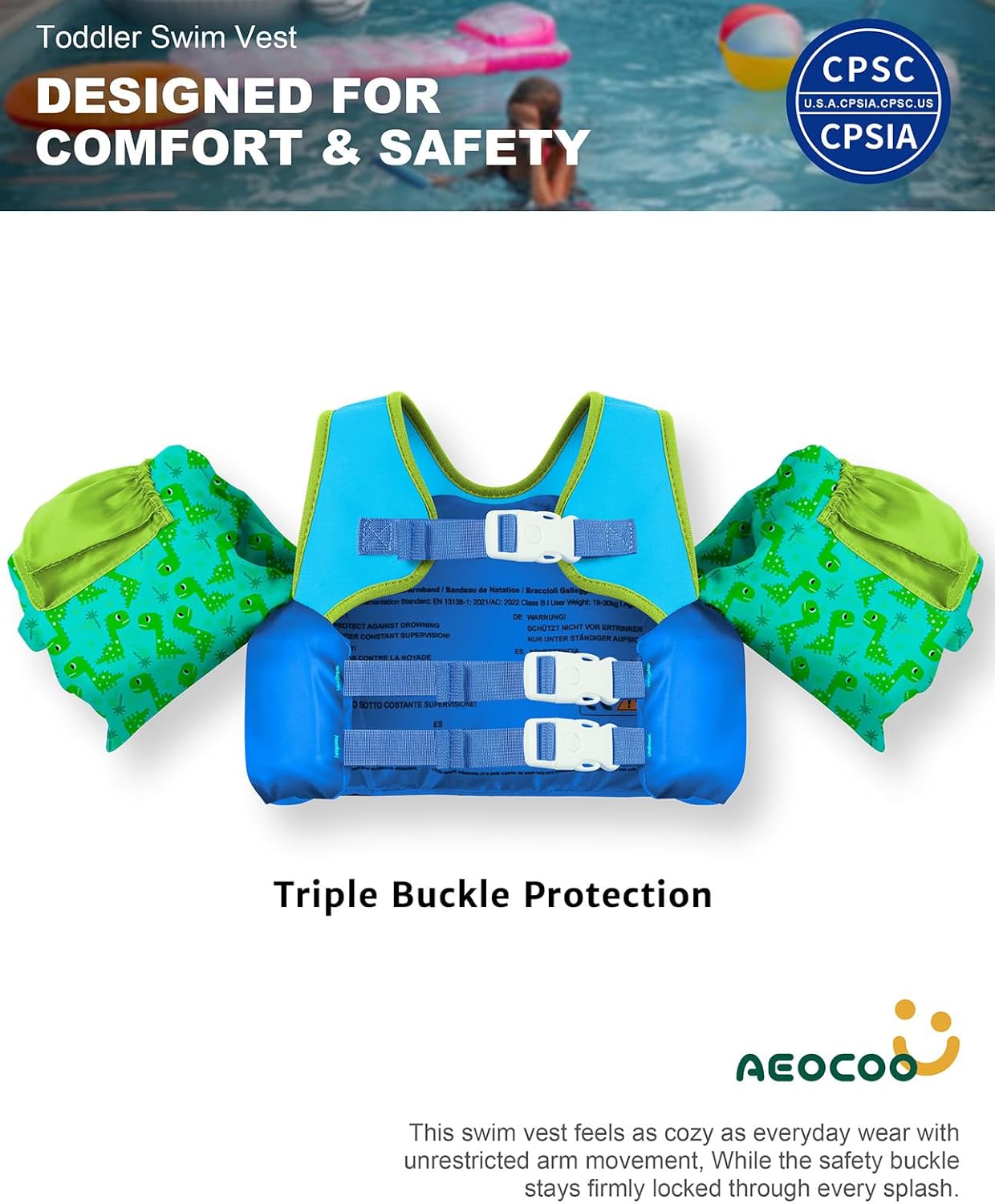 AEOCOO Puddle Float Jumper 20-30-50-60-70 Pounds, Toddler Swim Vest for 1-3-5-6-9 Years Old, Pool Floats with Swimming Arm Floaties Swim Jacket & Water Wings for Kids Swimmies, Boys, Girls, Niños