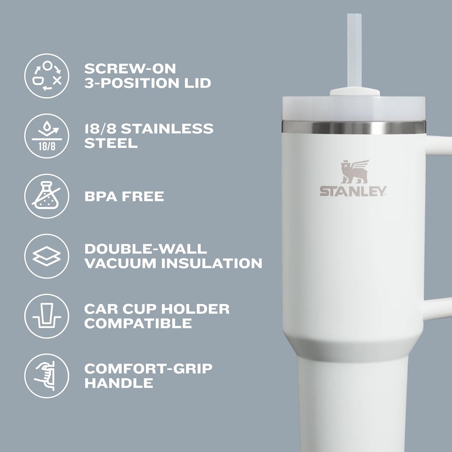 STANLEY Quencher H2.0 Tumbler with Handle and Straw 40 oz | Flowstate 3-Position Lid | Cup Holder Compatible for Travel | Insulated Stainless Steel Cup | BPA-Free | Peony
