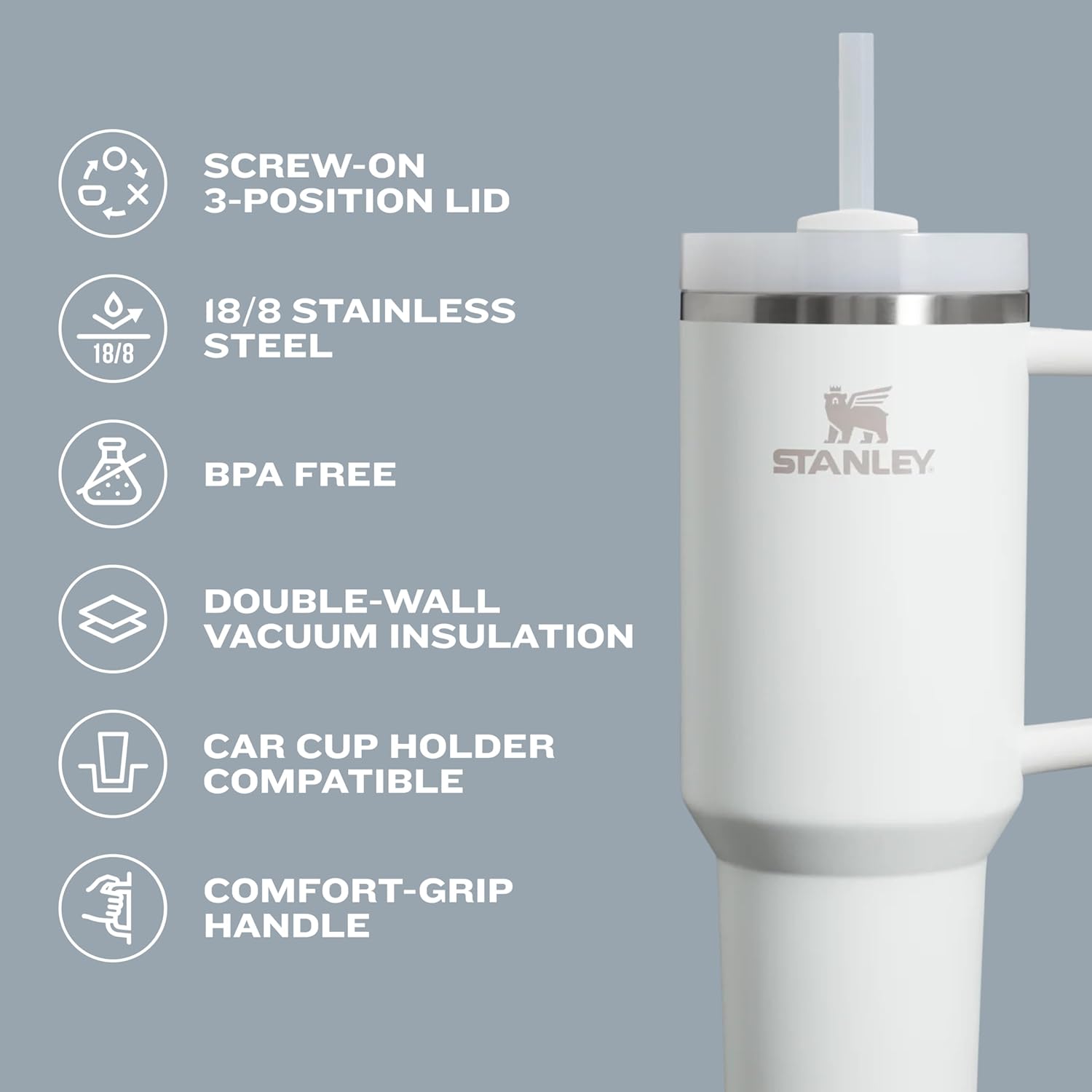 STANLEY Quencher H2.0 Tumbler with Handle and Straw 40 oz | Flowstate 3-Position Lid | Cup Holder Compatible for Travel | Insulated Stainless Steel Cup | BPA-Free | Peony