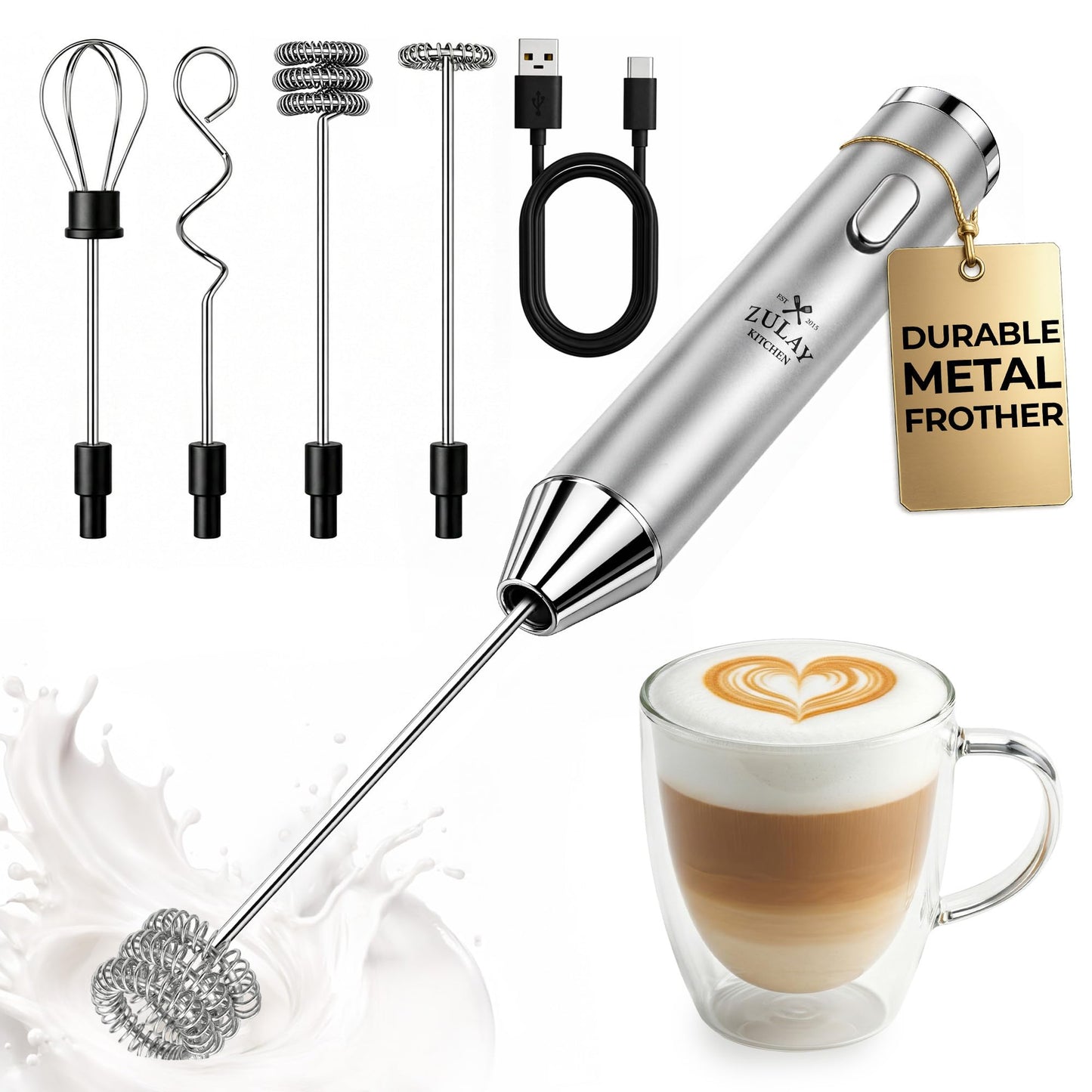 Zulay Kitchen Milk Frother Handheld Electric Whisk – Frother Wand, Durable Drink Mixer, Coffee Frother, Hand Blender, Frother for Protein Powder, Matcha & More - Black