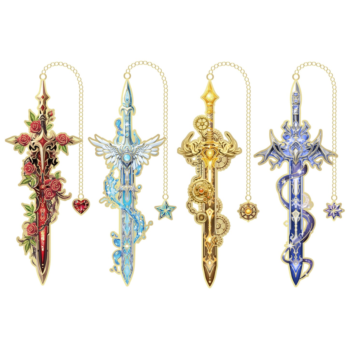 4pcs Fantasy Sword Bookmarks for Books, Journals, Planners - Cool Metal Book Markers for Reading Women & Men, Unique Book Marks Gifts for Book Lovers, Reading Accessories for Students & Adults & Kids