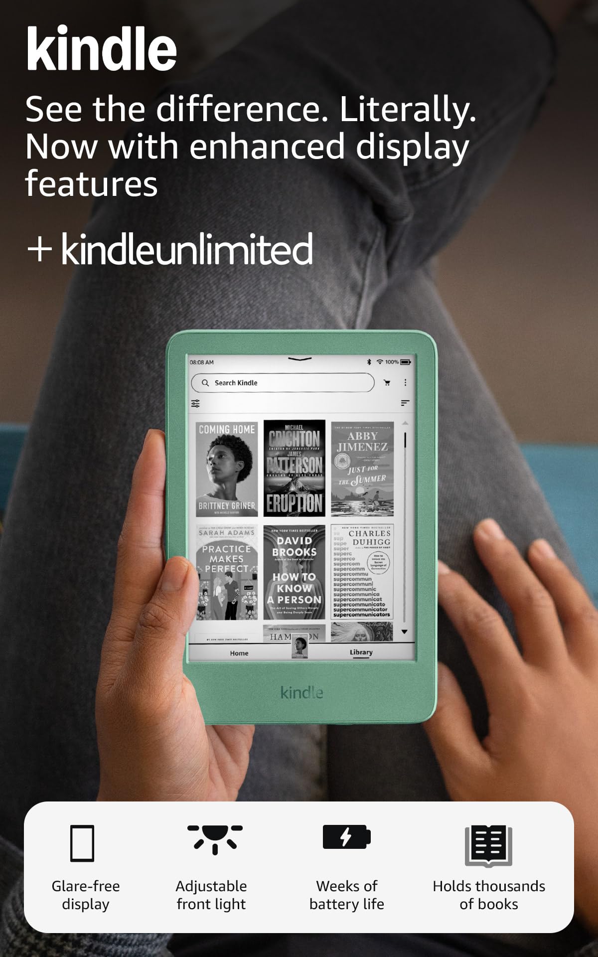 Amazon Kindle 16 GB (newest model) - Lightest and most compact Kindle, now with faster page turns, and higher contrast ratio, for an enhanced reading experience - Matcha