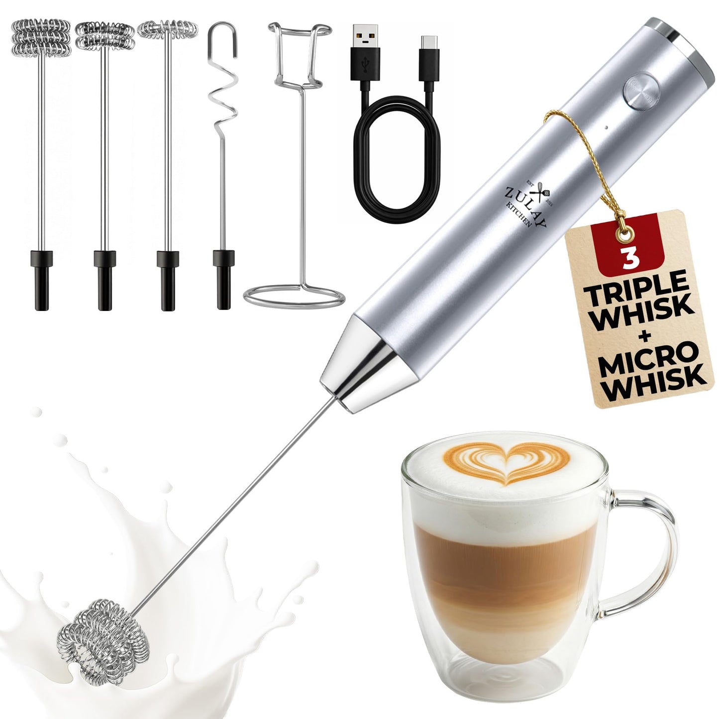 Zulay Kitchen Milk Frother Handheld Electric Whisk – Frother Wand, Durable Drink Mixer, Coffee Frother, Hand Blender, Frother for Protein Powder, Matcha & More - Black