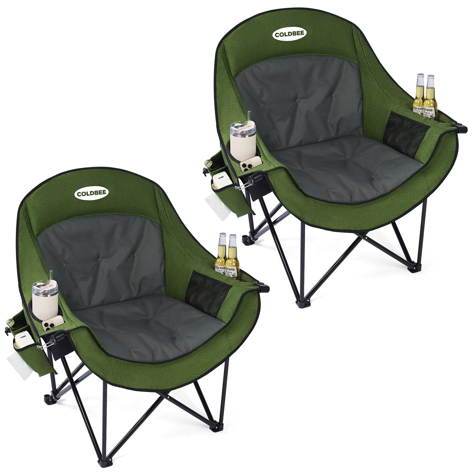 Coldbee Oversized Camping Chairs for Adults - Heavy Duty Padded Folding Lawn Chairs with Cup Holders & Cooler Bag, Comfy Outdoor Chair for Picnic, Beach, Fishing (Black)