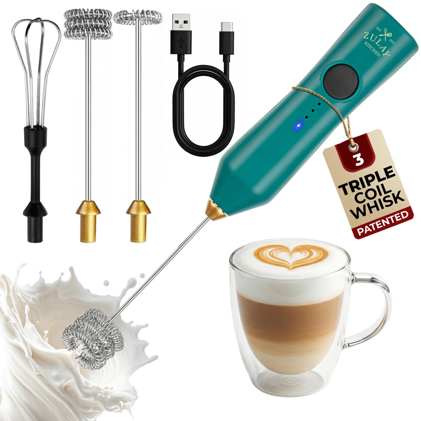 Zulay Kitchen Milk Frother Handheld Electric Whisk – Frother Wand, Durable Drink Mixer, Coffee Frother, Hand Blender, Frother for Protein Powder, Matcha & More - Black