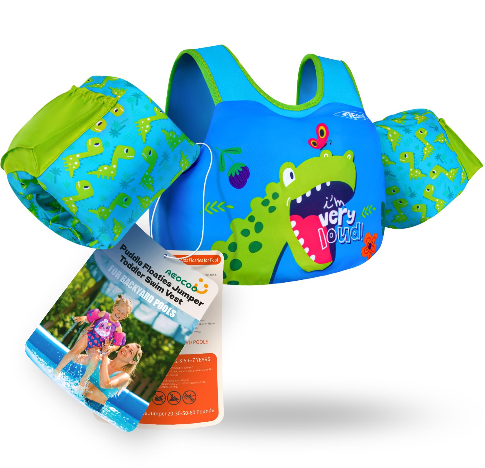 AEOCOO Puddle Float Jumper 20-30-50-60-70 Pounds, Toddler Swim Vest for 1-3-5-6-9 Years Old, Pool Floats with Swimming Arm Floaties Swim Jacket & Water Wings for Kids Swimmies, Boys, Girls, Niños