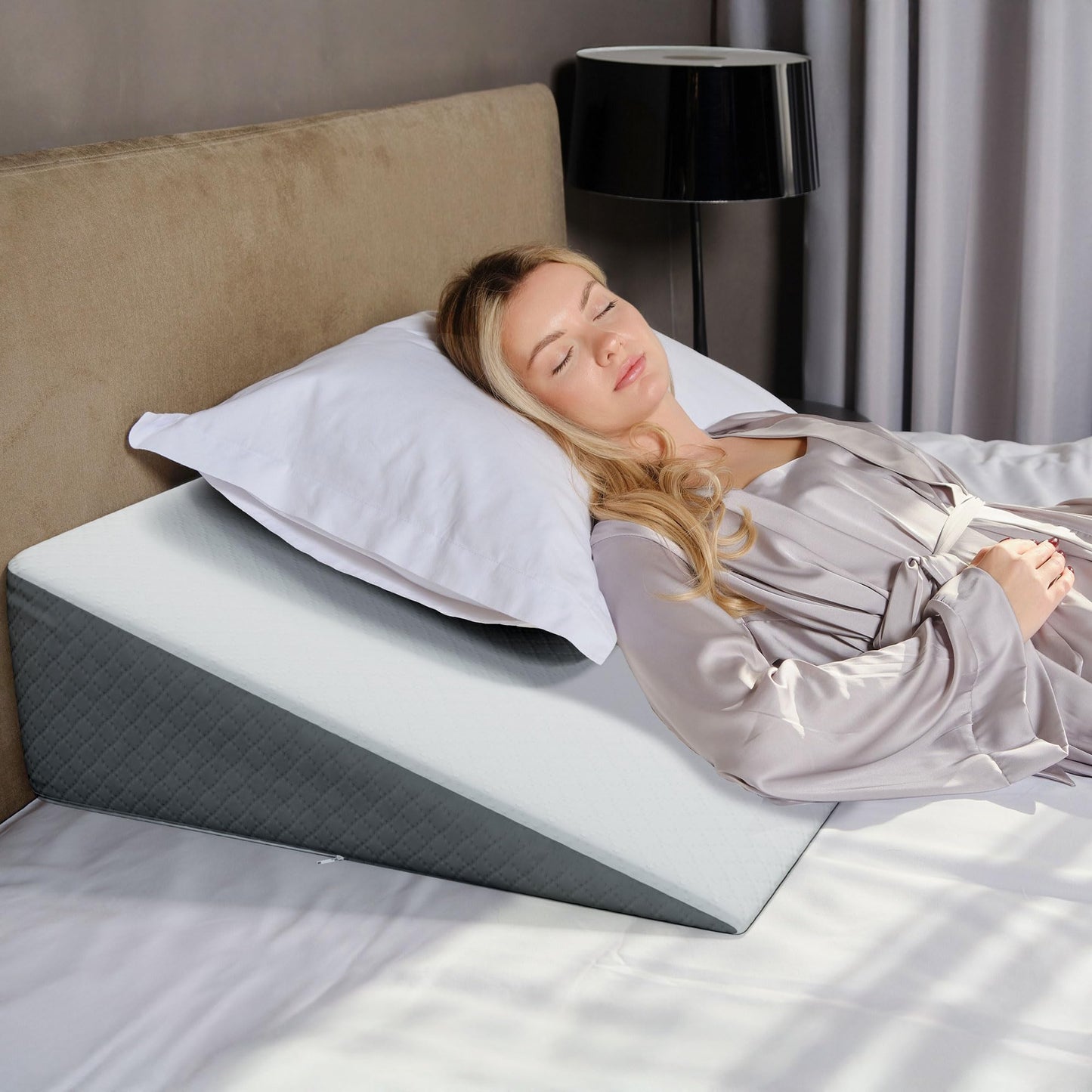 Kolbs Bed Wedge Pillow for Sleep Apnea, Acid Reflux, and Back Pain Relief, with Chic Jacquard Cover - Headboard Wedges for Sleeping (19" Wedge Reading - Grey)