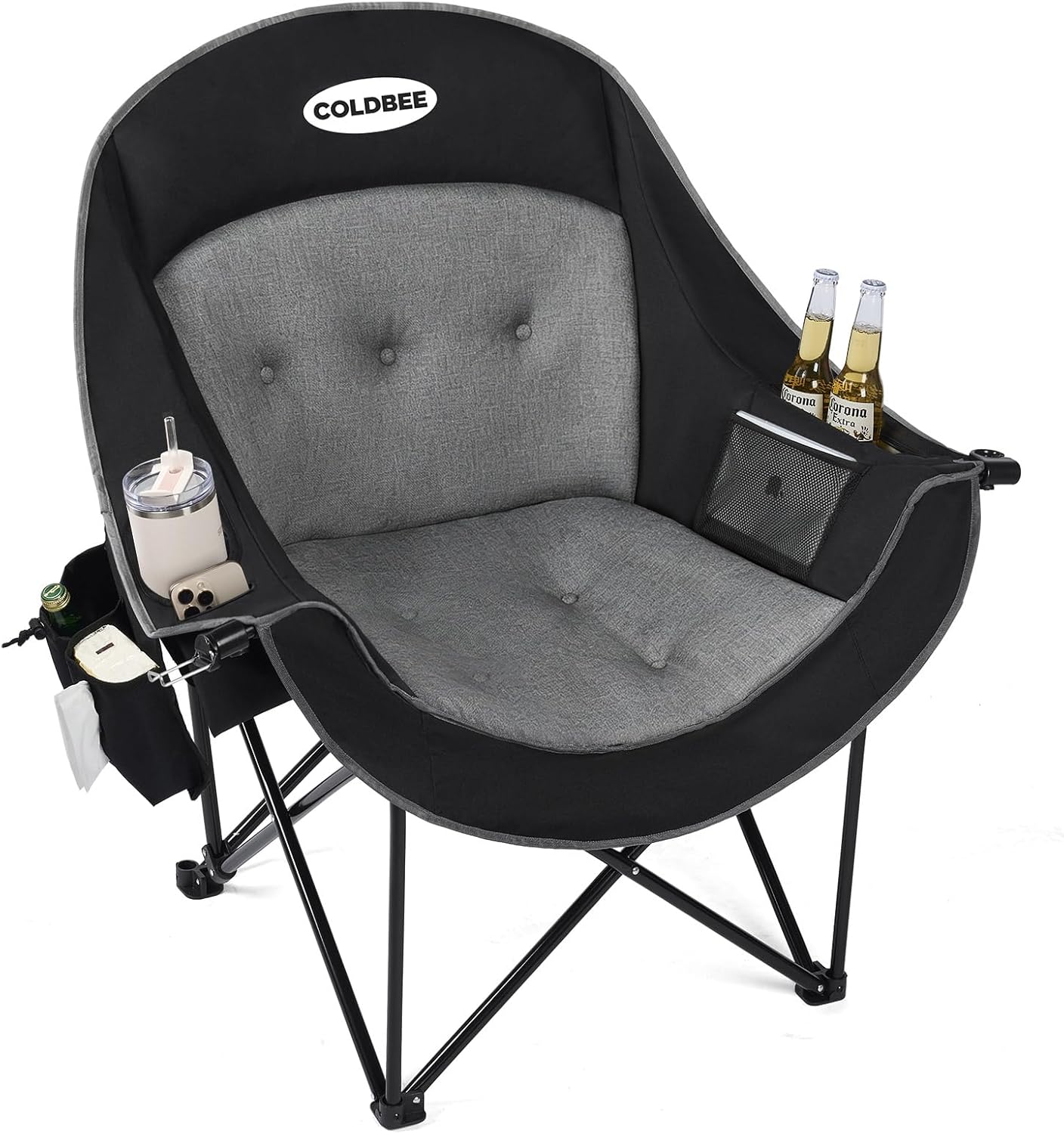 Coldbee Oversized Camping Chairs for Adults - Heavy Duty Padded Folding Lawn Chairs with Cup Holders & Cooler Bag, Comfy Outdoor Chair for Picnic, Beach, Fishing (Black)