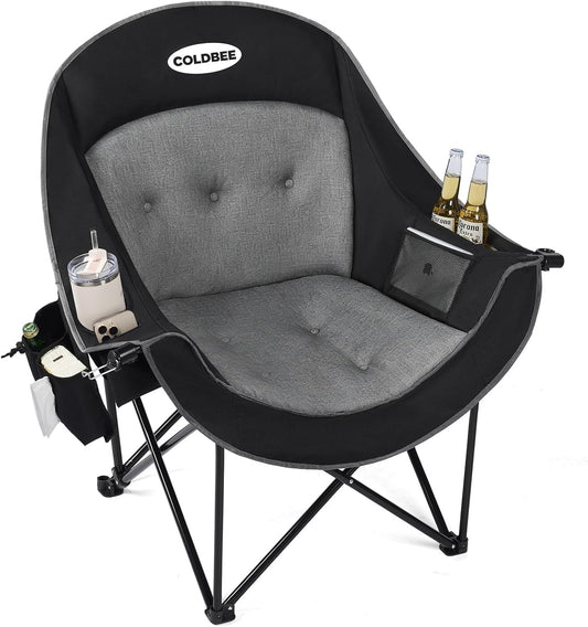 Coldbee Oversized Camping Chairs for Adults - Heavy Duty Padded Folding Lawn Chairs with Cup Holders & Cooler Bag, Comfy Outdoor Chair for Picnic, Beach, Fishing (Black)