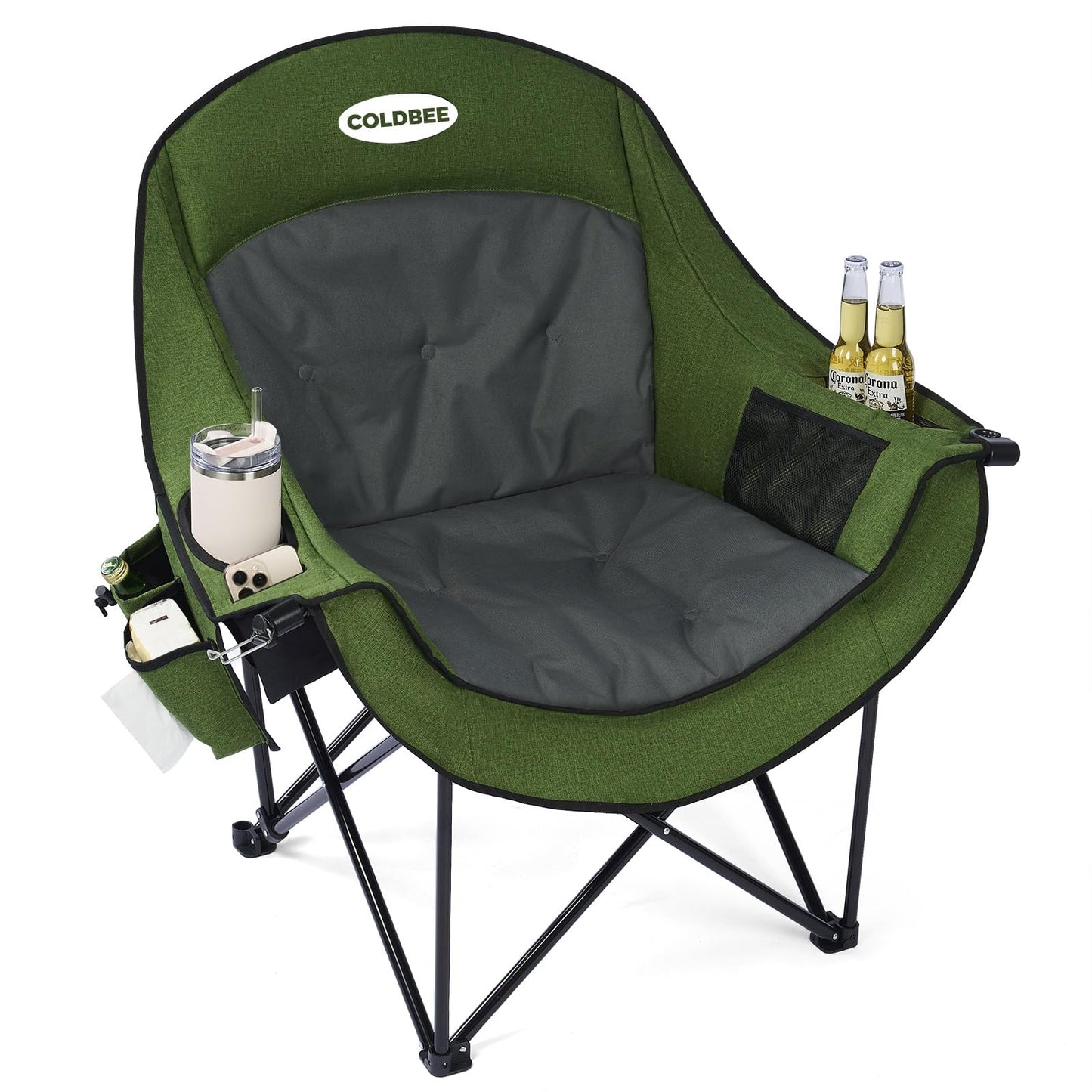 Coldbee Oversized Camping Chairs for Adults - Heavy Duty Padded Folding Lawn Chairs with Cup Holders & Cooler Bag, Comfy Outdoor Chair for Picnic, Beach, Fishing (Black)