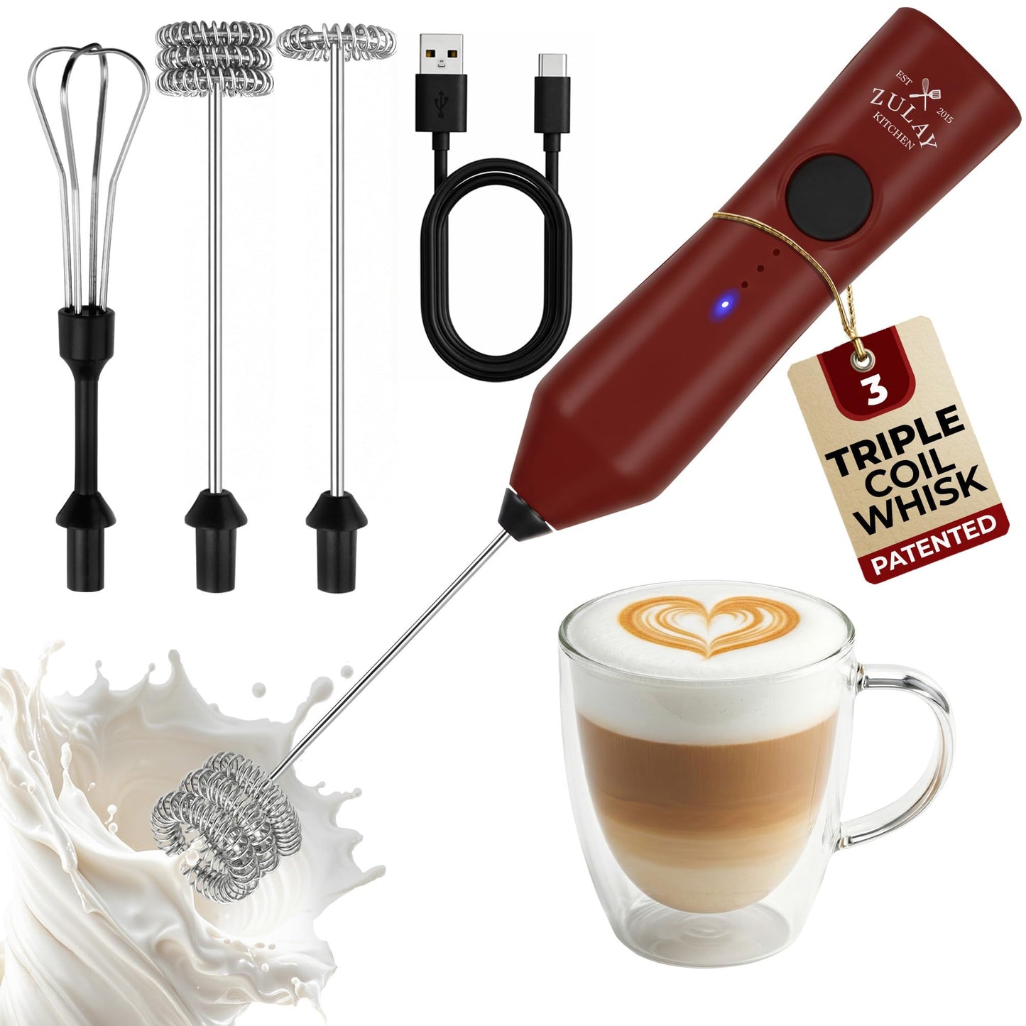 Zulay Kitchen Milk Frother Handheld Electric Whisk – Frother Wand, Durable Drink Mixer, Coffee Frother, Hand Blender, Frother for Protein Powder, Matcha & More - Black