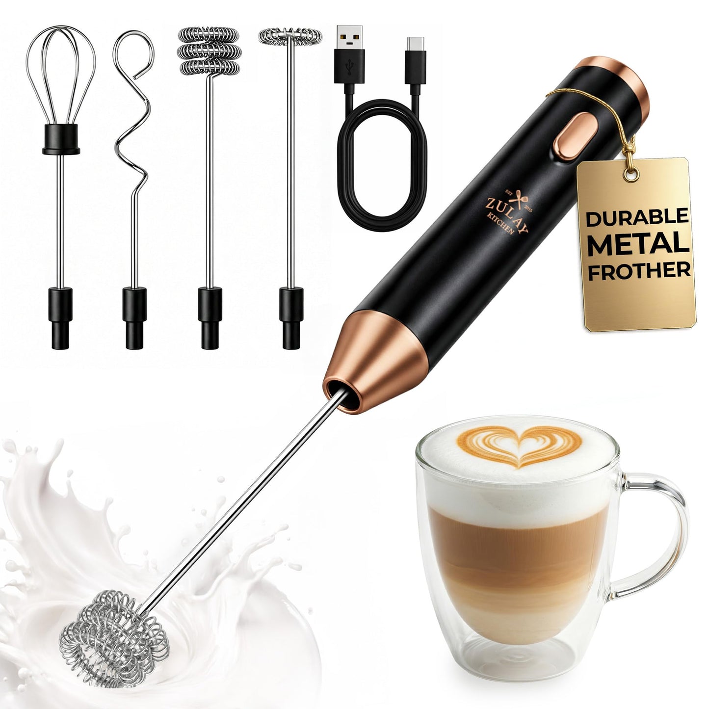 Zulay Kitchen Milk Frother Handheld Electric Whisk – Frother Wand, Durable Drink Mixer, Coffee Frother, Hand Blender, Frother for Protein Powder, Matcha & More - Black
