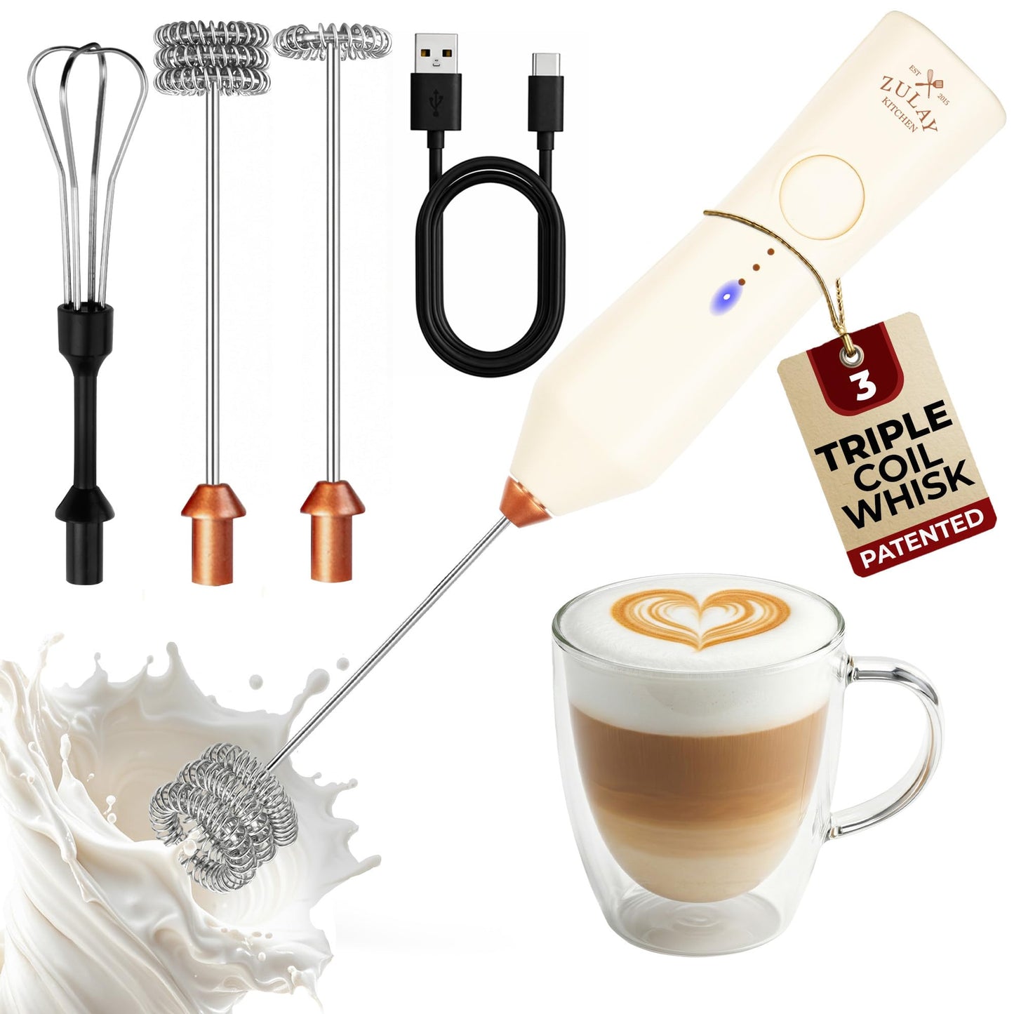 Zulay Kitchen Milk Frother Handheld Electric Whisk – Frother Wand, Durable Drink Mixer, Coffee Frother, Hand Blender, Frother for Protein Powder, Matcha & More - Black
