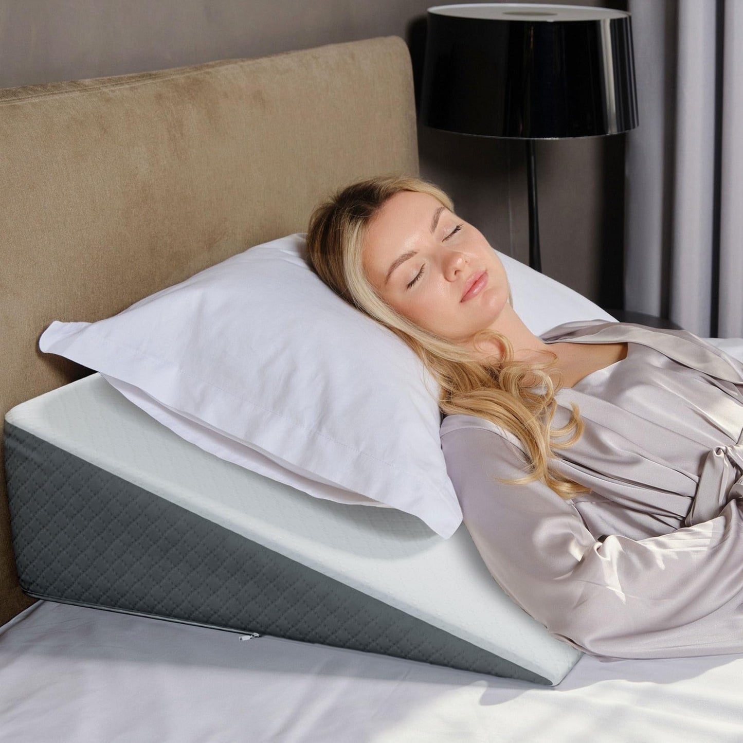 Kolbs Bed Wedge Pillow for Sleep Apnea, Acid Reflux, and Back Pain Relief, with Chic Jacquard Cover - Headboard Wedges for Sleeping (19" Wedge Reading - Grey)