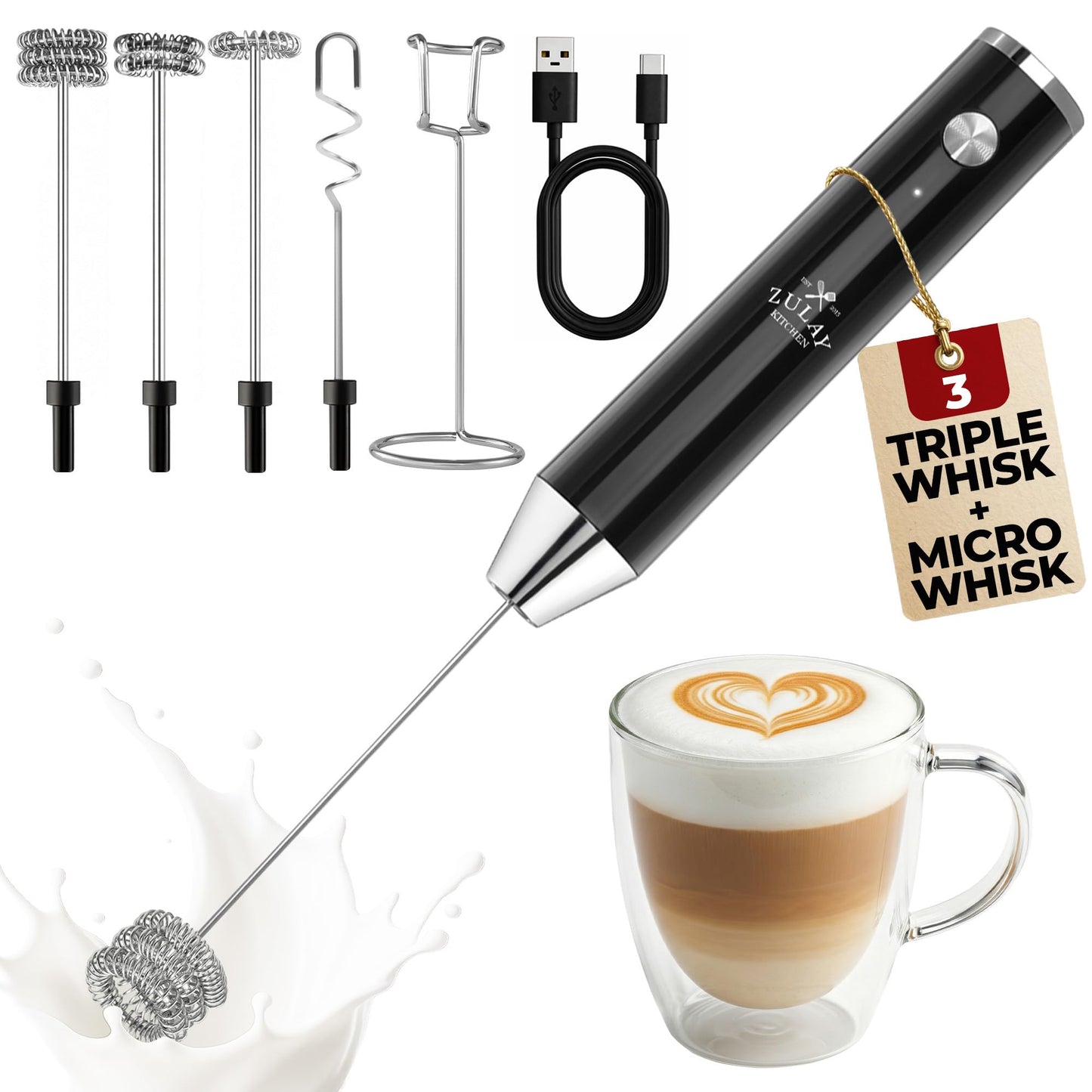 Zulay Kitchen Milk Frother Handheld Electric Whisk – Frother Wand, Durable Drink Mixer, Coffee Frother, Hand Blender, Frother for Protein Powder, Matcha & More - Black