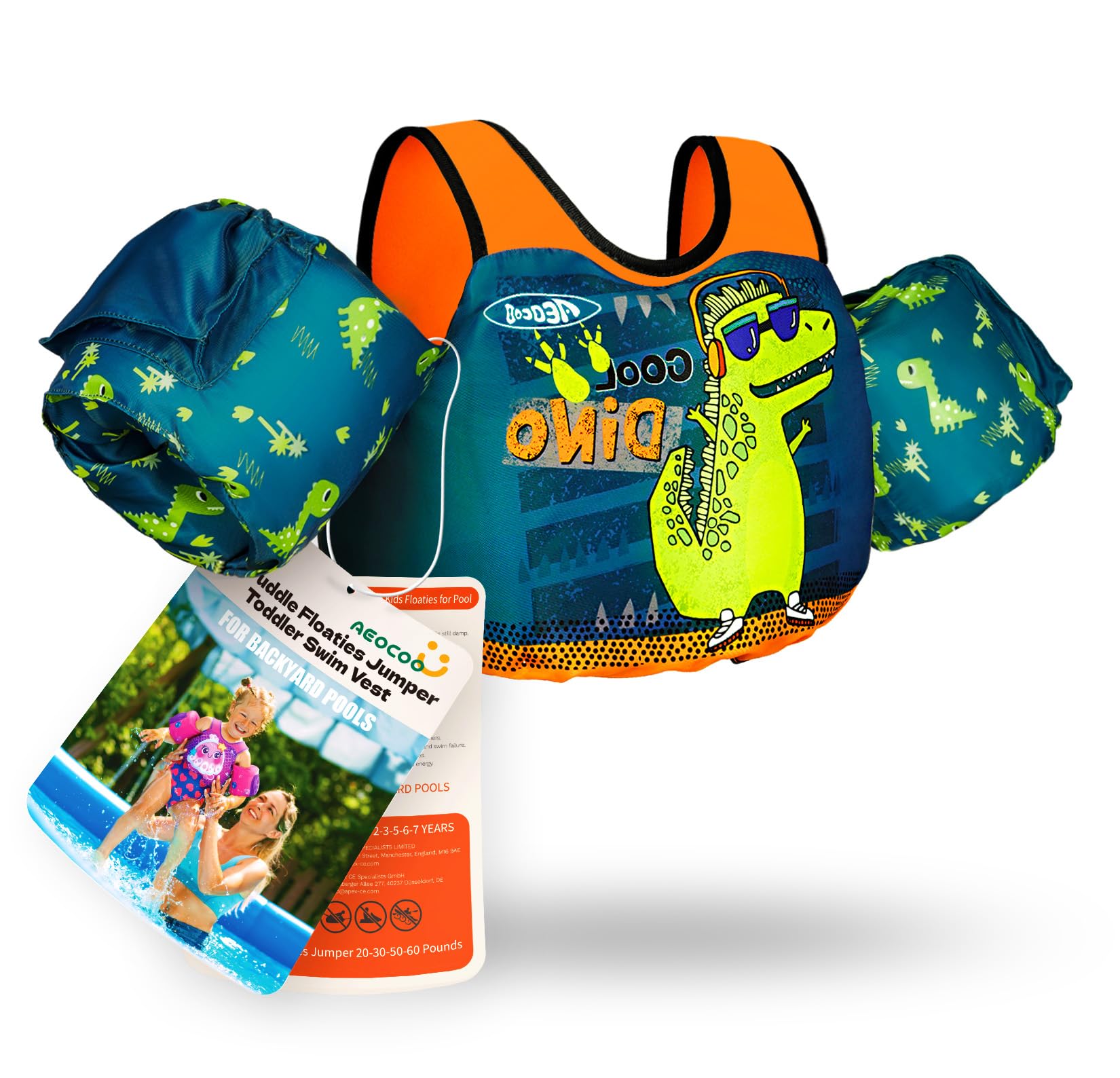 AEOCOO Puddle Float Jumper 20-30-50-60-70 Pounds, Toddler Swim Vest for 1-3-5-6-9 Years Old, Pool Floats with Swimming Arm Floaties Swim Jacket & Water Wings for Kids Swimmies, Boys, Girls, Niños