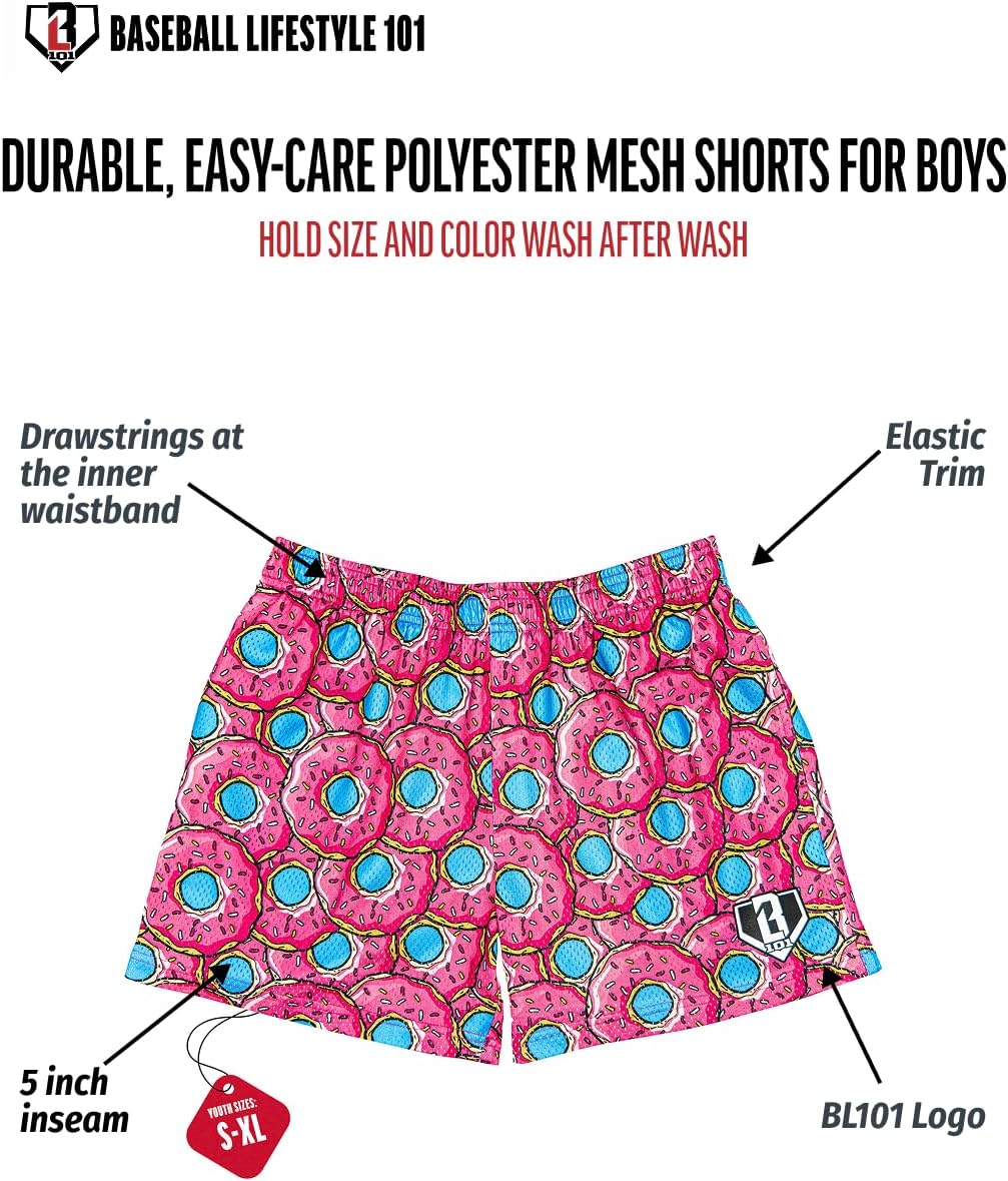 Baseball Lifestyle 101 Boy's Mesh Shorts w/Side Pockets and Elastic Waist, 5 inch Inseam