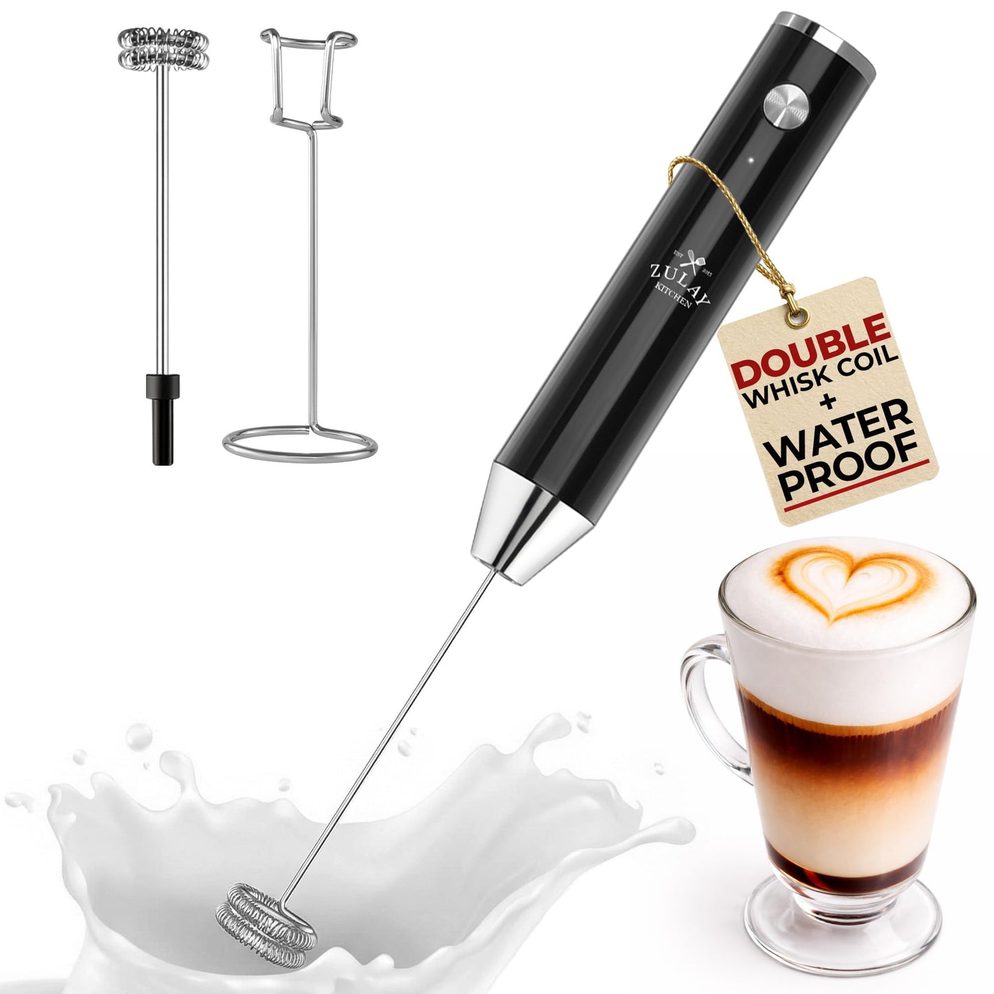 Zulay Kitchen Milk Frother Handheld Electric Whisk – Frother Wand, Durable Drink Mixer, Coffee Frother, Hand Blender, Frother for Protein Powder, Matcha & More - Black