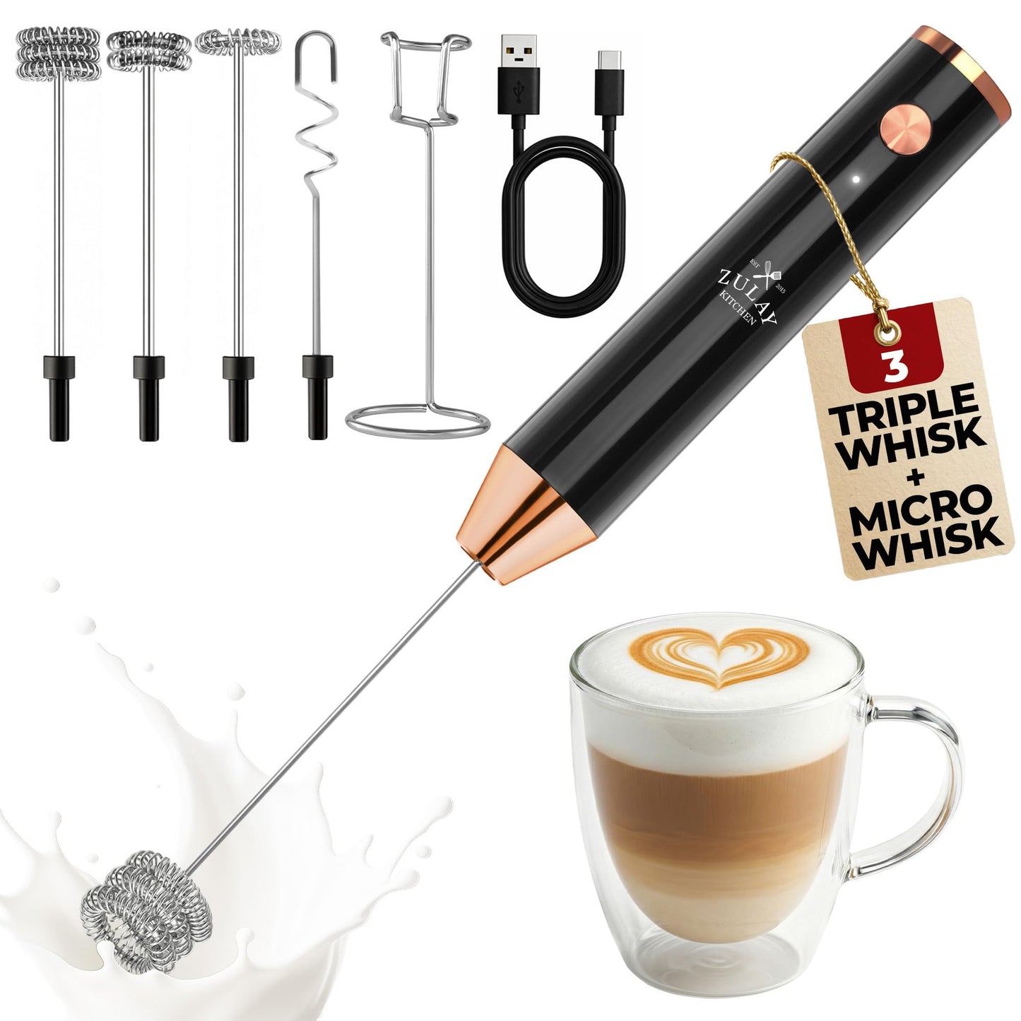 Zulay Kitchen Milk Frother Handheld Electric Whisk – Frother Wand, Durable Drink Mixer, Coffee Frother, Hand Blender, Frother for Protein Powder, Matcha & More - Black