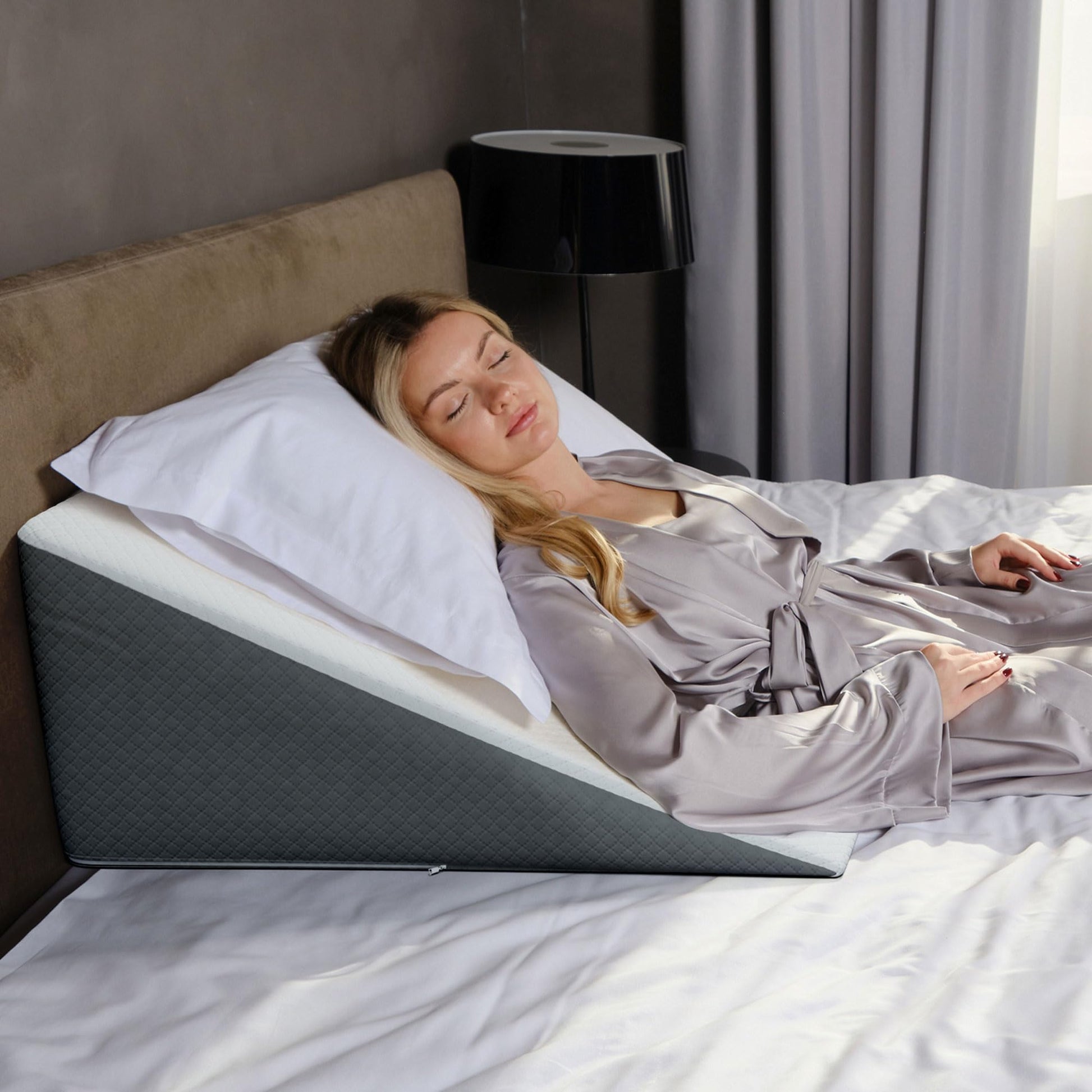 Kolbs Bed Wedge Pillow for Sleep Apnea, Acid Reflux, and Back Pain Relief, with Chic Jacquard Cover - Headboard Wedges for Sleeping (19" Wedge Reading - Grey)