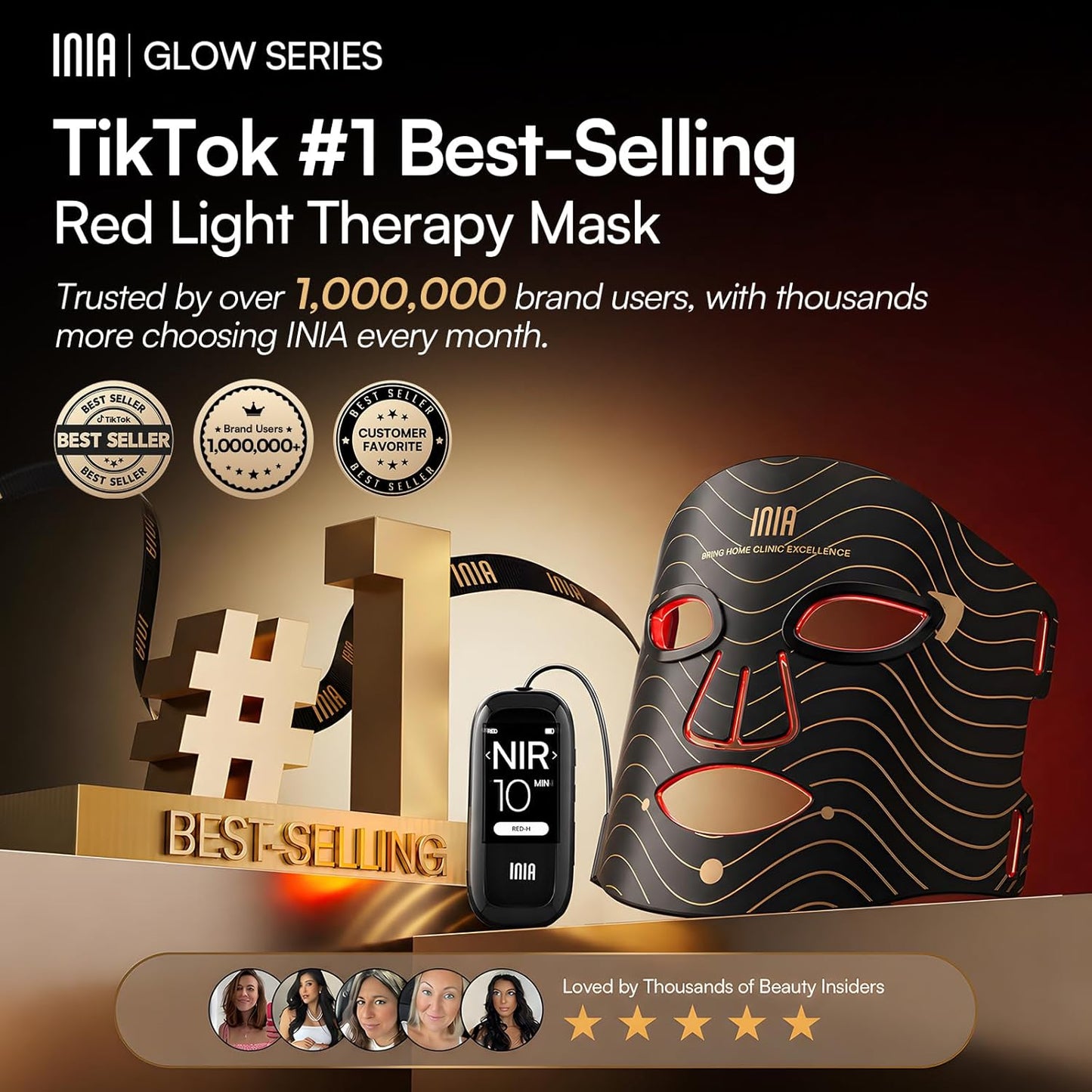INIA Red Light Therapy Mask for Face – 4 Light Modes with 850nm NIR, Red & Blue LED Light Therapy, 2600mAh Rechargeable LED Face Mask for Radiant Glow at Home, Black