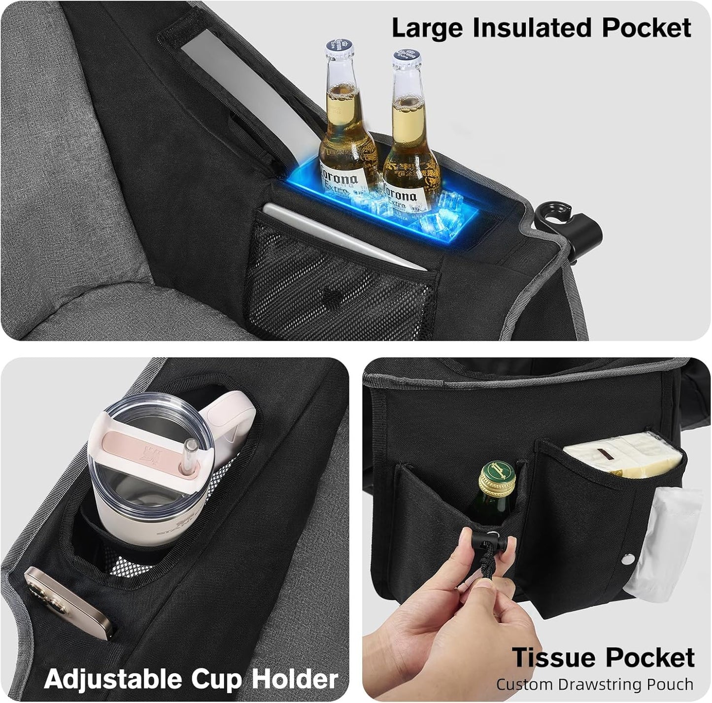 Coldbee Oversized Camping Chairs for Adults - Heavy Duty Padded Folding Lawn Chairs with Cup Holders & Cooler Bag, Comfy Outdoor Chair for Picnic, Beach, Fishing (Black)