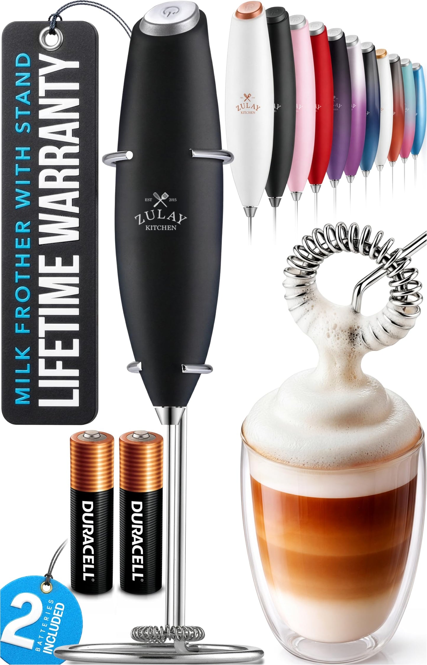 Zulay Kitchen Milk Frother Handheld Electric Whisk – Frother Wand, Durable Drink Mixer, Coffee Frother, Hand Blender, Frother for Protein Powder, Matcha & More - Black