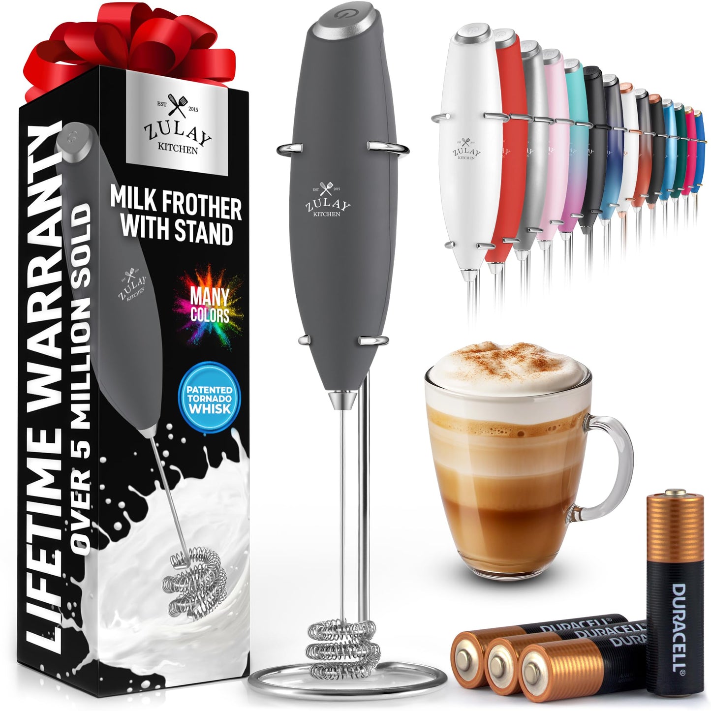 Zulay Kitchen Milk Frother Handheld Electric Whisk – Frother Wand, Durable Drink Mixer, Coffee Frother, Hand Blender, Frother for Protein Powder, Matcha & More - Black