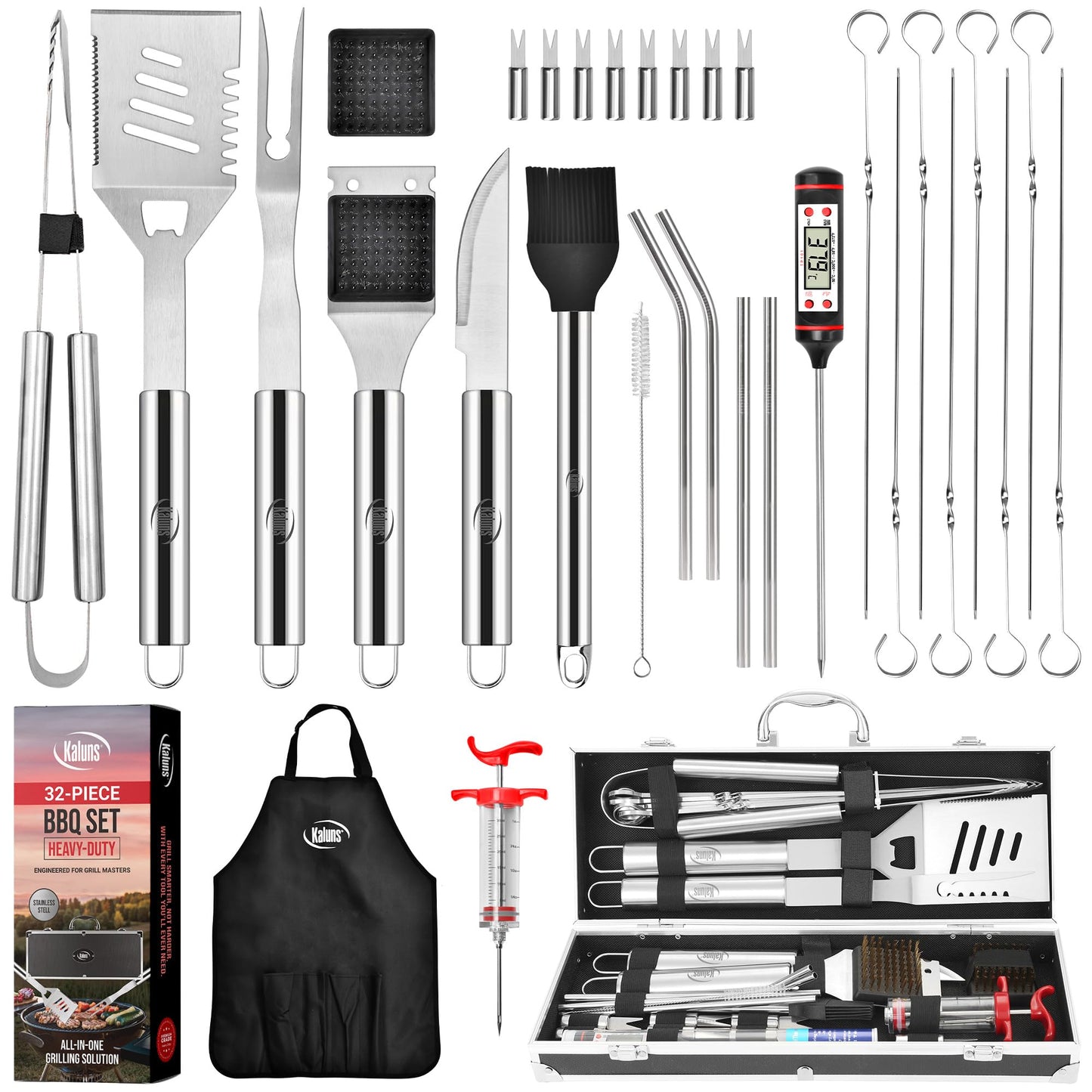 Kaluns Grilling Accessories, Dad Gifts for Fathers Day, Grilling Gifts, Heavy Duty Stainless Steel BBQ Tool Set for Outdoor Grill with Aluminum Case and Apron, Birthday Gifts for Men Women