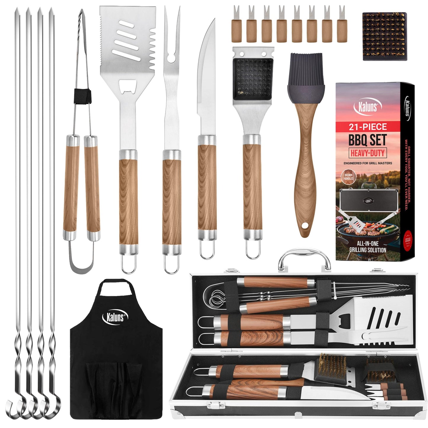 Kaluns Grilling Accessories, Dad Gifts for Fathers Day, Grilling Gifts, Heavy Duty Stainless Steel BBQ Tool Set for Outdoor Grill with Aluminum Case and Apron, Birthday Gifts for Men Women