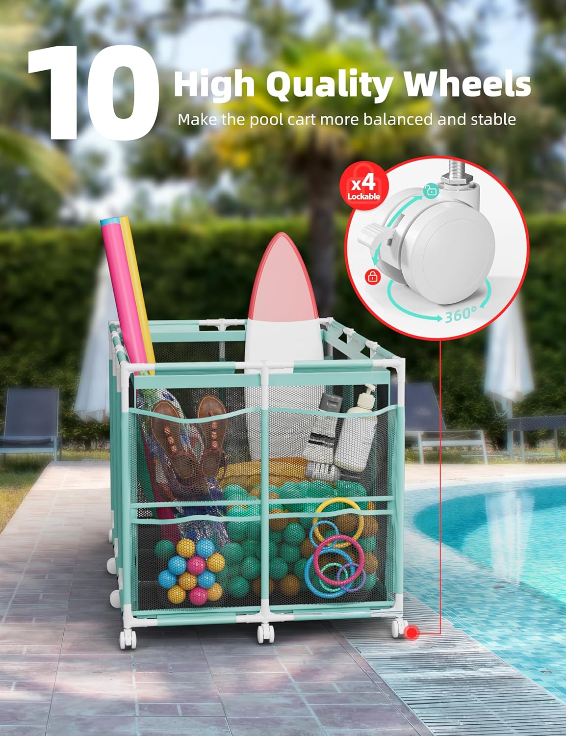 POOLHOUR Pool Float Storage – Outdoor Pool Toy Storage Organizer for Pool Noodles, Toys, Floats, Balls, and Equipment, Mesh Rolling Storage Organizer Bin, Cyan