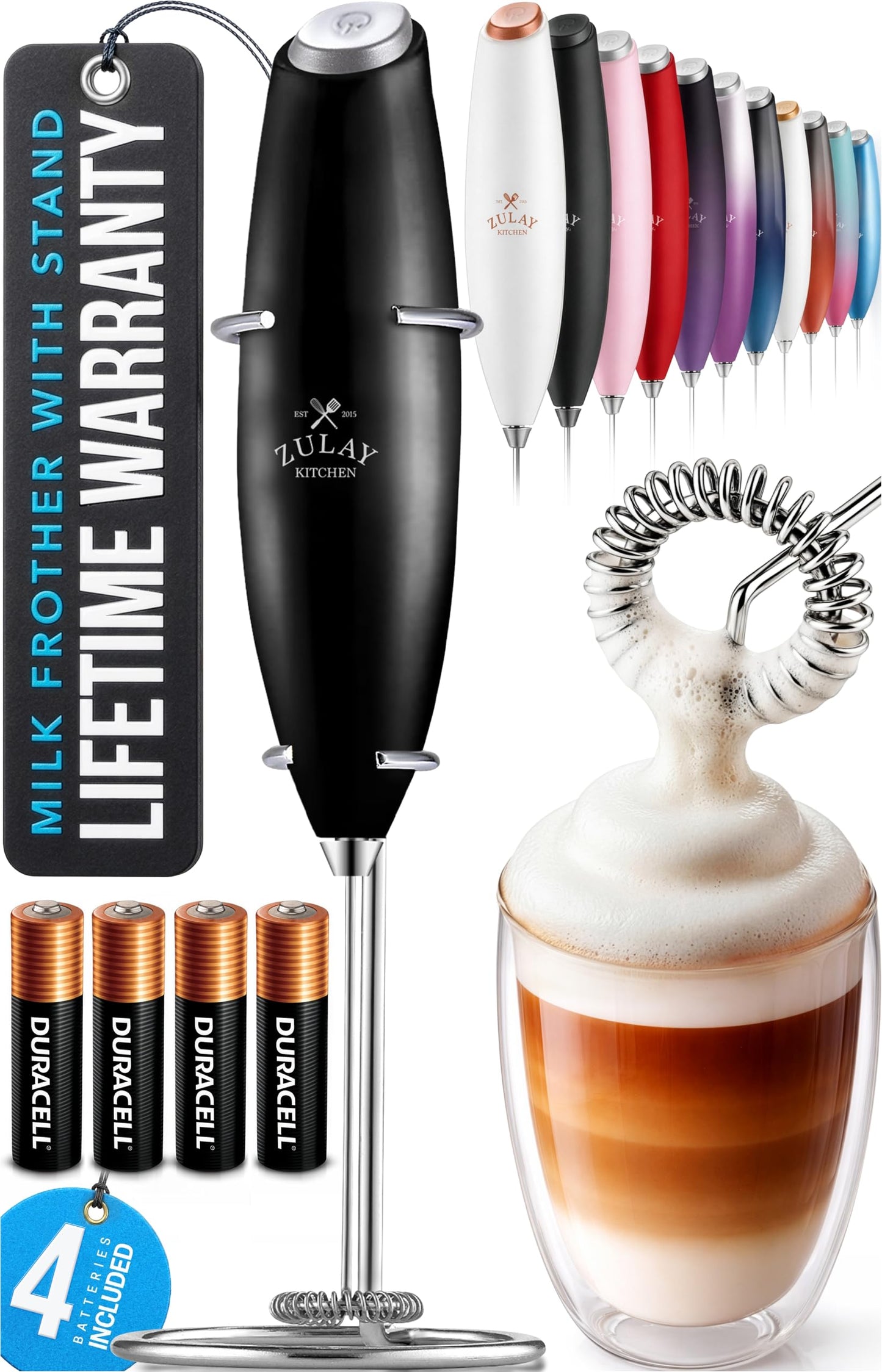 Zulay Kitchen Milk Frother Handheld Electric Whisk – Frother Wand, Durable Drink Mixer, Coffee Frother, Hand Blender, Frother for Protein Powder, Matcha & More - Black