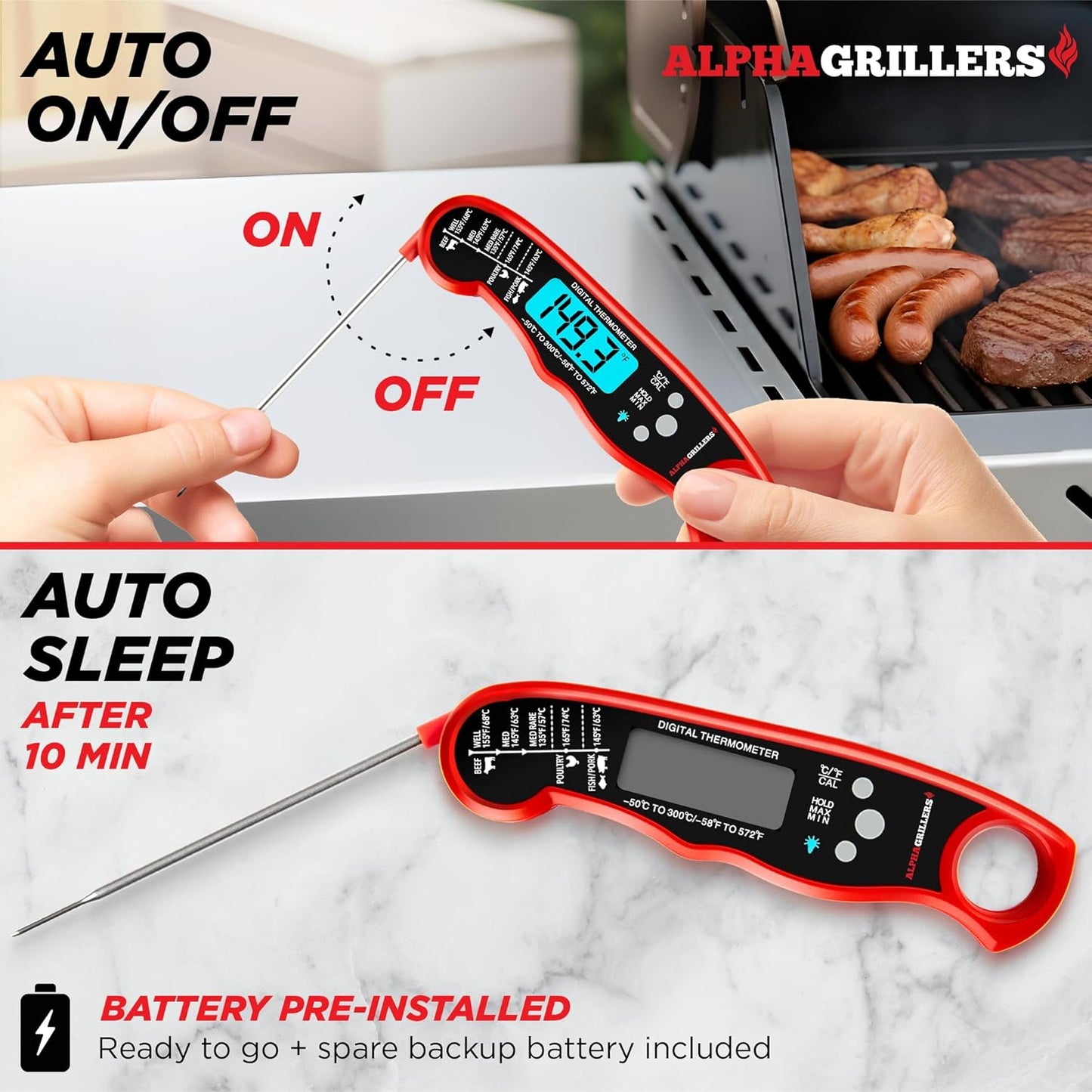 Alpha Grillers Meat Thermometer Digital – Instant Read Food Thermometer for Cooking & Grilling – Professional Kitchen Fathers Day Gift for Dad Men Him Husband