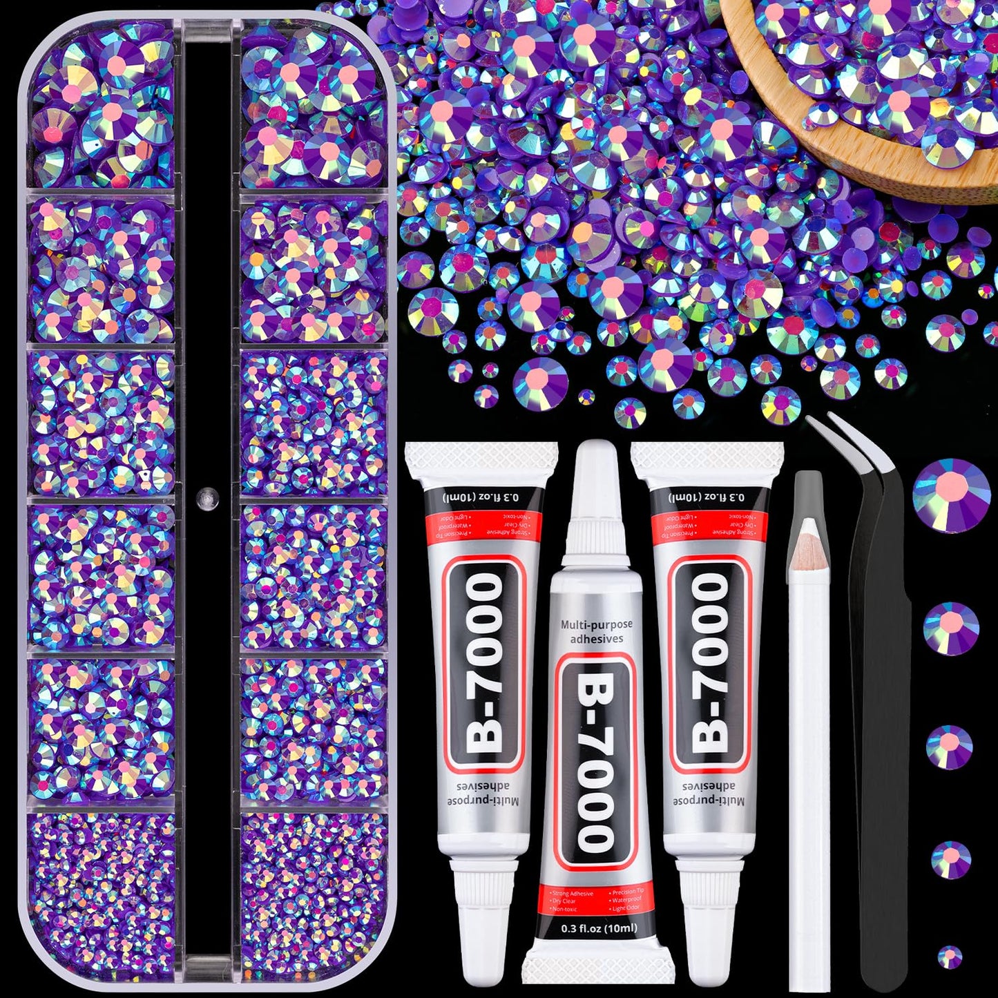34000Pcs Resin Jelly Rhinestones for Bedazzling, Multicolor 3mm Flatback Gems for Diamond Art, Bedazzler Kit with 3Pcs 10ml B7000 Jewelry Glue for Bedazzle Thing Crafting Book Nail Art