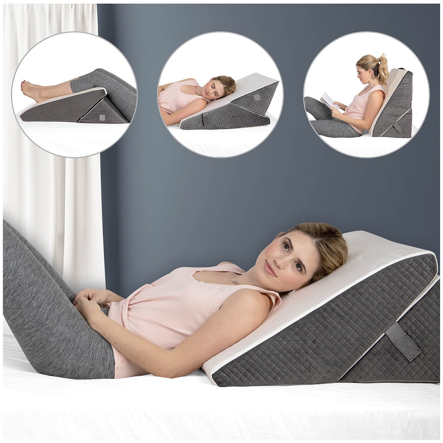 Kolbs Bed Wedge Pillow for Sleep Apnea, Acid Reflux, and Back Pain Relief, with Chic Jacquard Cover - Headboard Wedges for Sleeping (19" Wedge Reading - Grey)