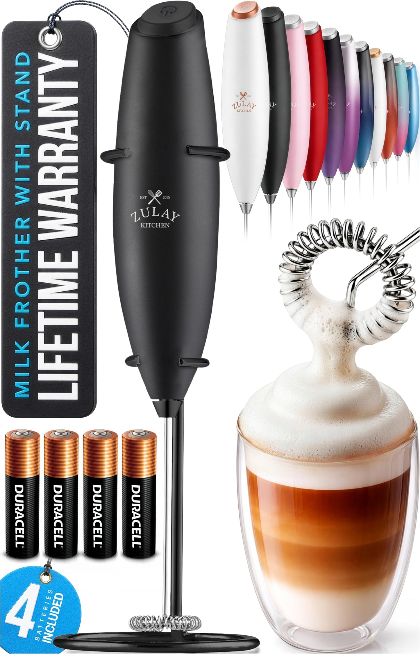 Zulay Kitchen Milk Frother Handheld Electric Whisk – Frother Wand, Durable Drink Mixer, Coffee Frother, Hand Blender, Frother for Protein Powder, Matcha & More - Black