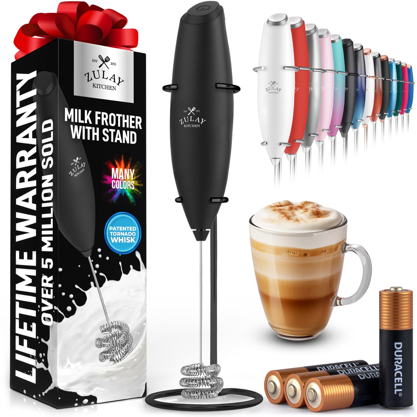 Zulay Kitchen Milk Frother Handheld Electric Whisk – Frother Wand, Durable Drink Mixer, Coffee Frother, Hand Blender, Frother for Protein Powder, Matcha & More - Black