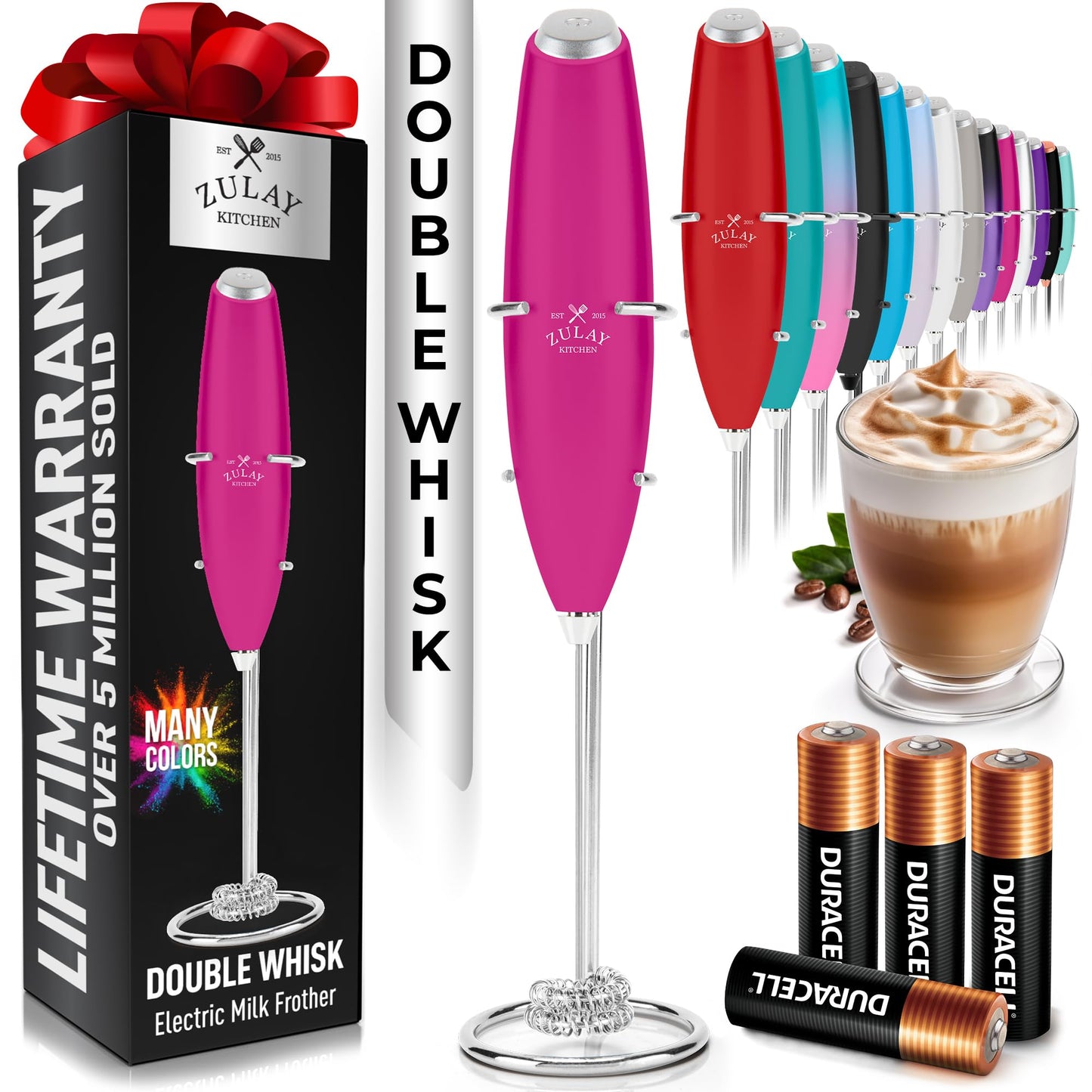Zulay Kitchen Milk Frother Handheld Electric Whisk – Frother Wand, Durable Drink Mixer, Coffee Frother, Hand Blender, Frother for Protein Powder, Matcha & More - Black