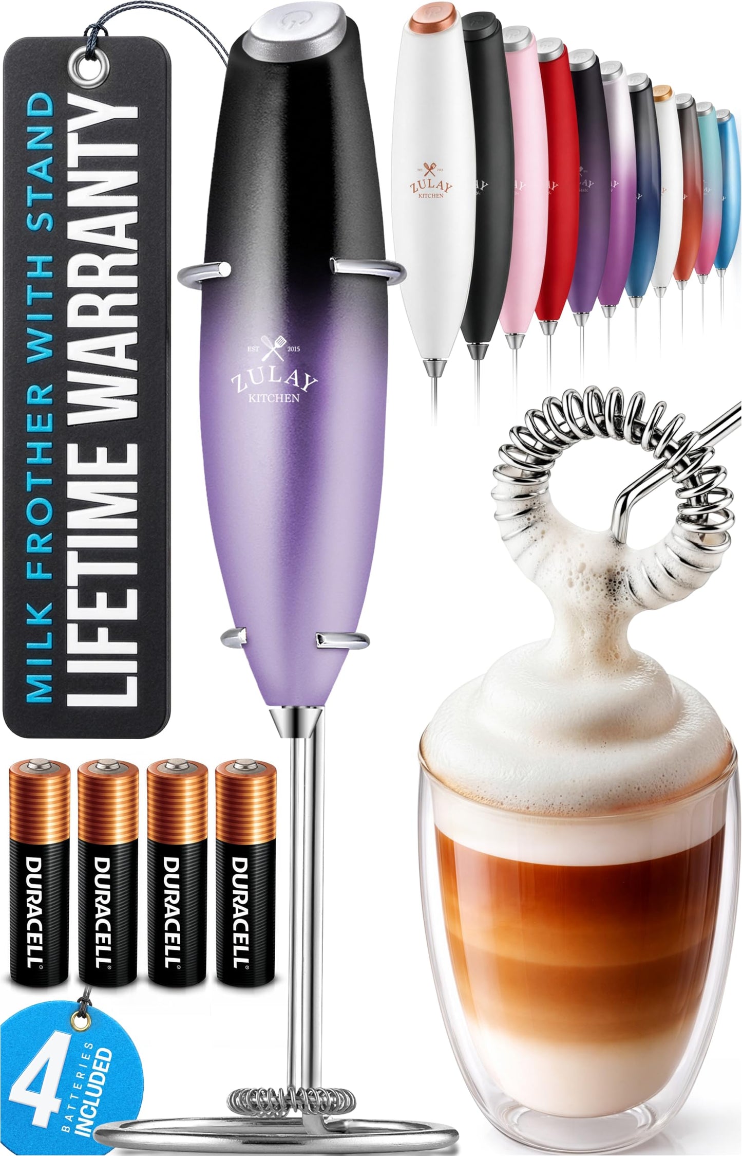 Zulay Kitchen Milk Frother Handheld Electric Whisk – Frother Wand, Durable Drink Mixer, Coffee Frother, Hand Blender, Frother for Protein Powder, Matcha & More - Black