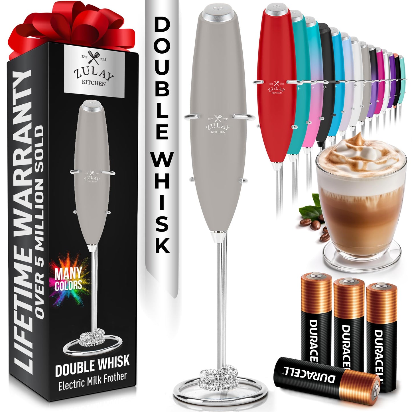 Zulay Kitchen Milk Frother Handheld Electric Whisk – Frother Wand, Durable Drink Mixer, Coffee Frother, Hand Blender, Frother for Protein Powder, Matcha & More - Black