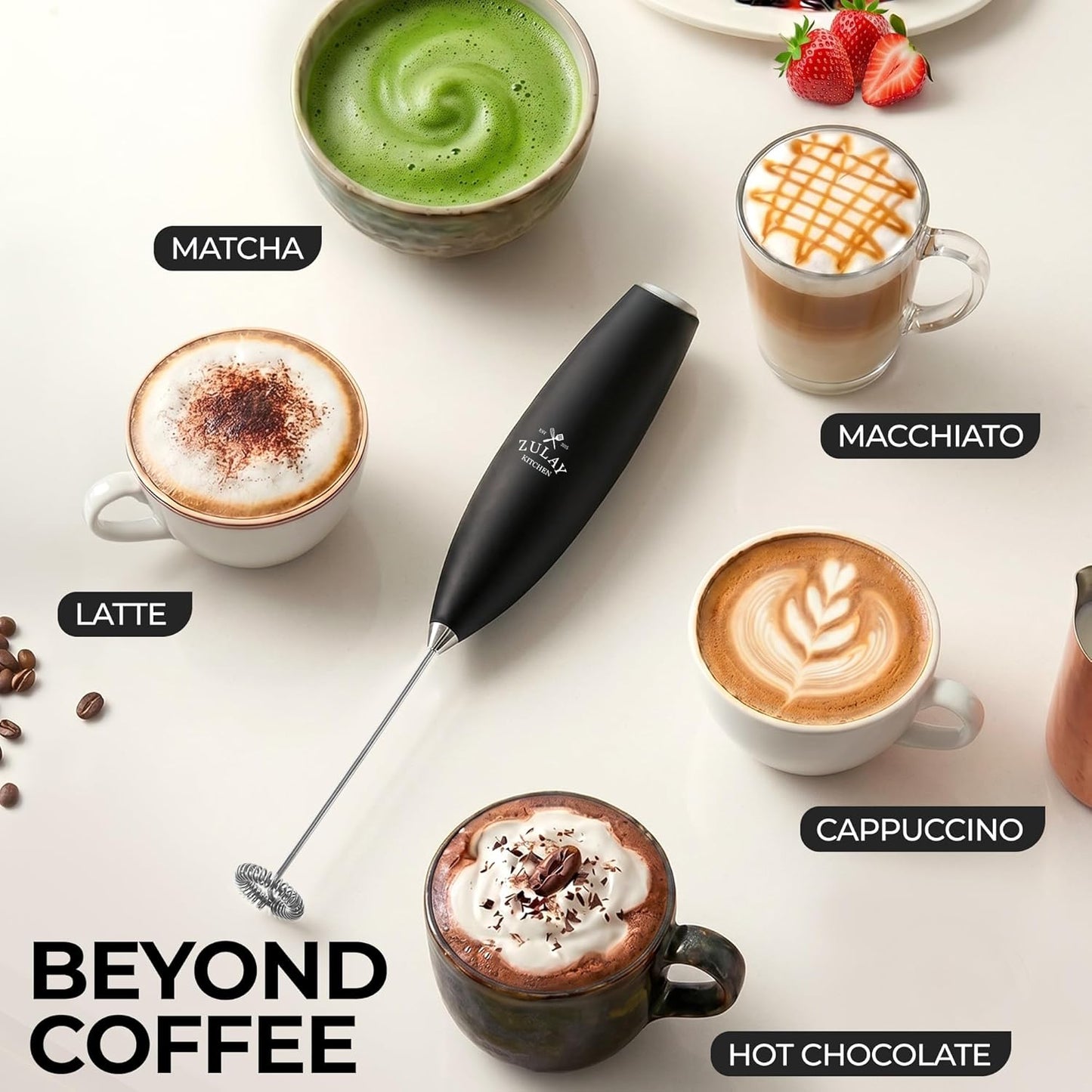 Zulay Kitchen Milk Frother Handheld Electric Whisk – Frother Wand, Durable Drink Mixer, Coffee Frother, Hand Blender, Frother for Protein Powder, Matcha & More - Black