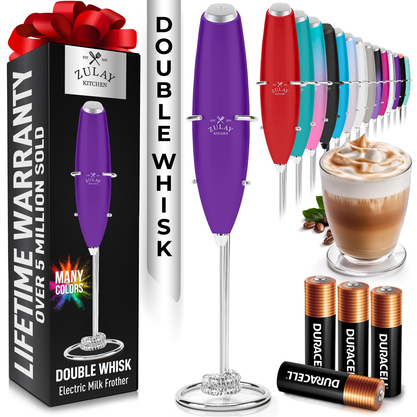 Zulay Kitchen Milk Frother Handheld Electric Whisk – Frother Wand, Durable Drink Mixer, Coffee Frother, Hand Blender, Frother for Protein Powder, Matcha & More - Black