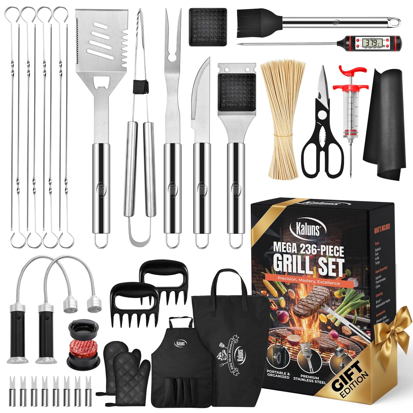 Kaluns Grilling Accessories, Dad Gifts for Fathers Day, Grilling Gifts, Heavy Duty Stainless Steel BBQ Tool Set for Outdoor Grill with Aluminum Case and Apron, Birthday Gifts for Men Women