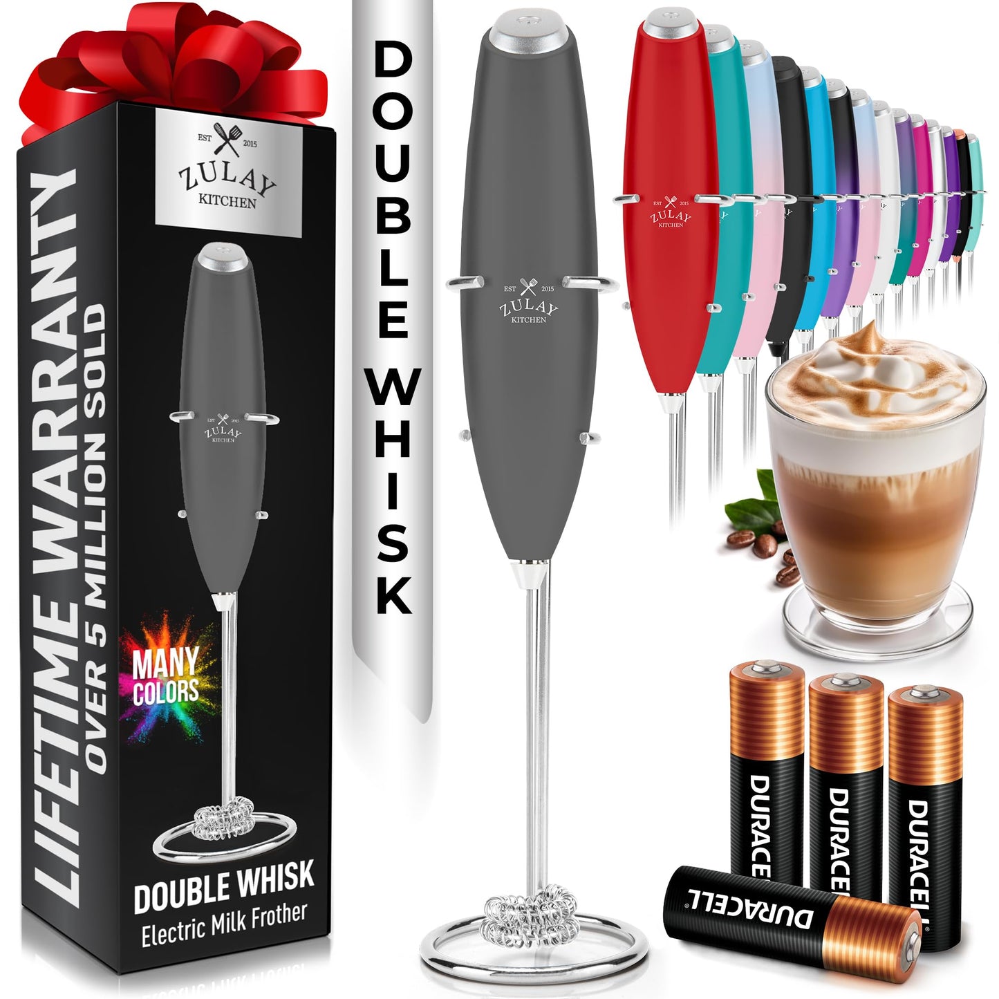 Zulay Kitchen Milk Frother Handheld Electric Whisk – Frother Wand, Durable Drink Mixer, Coffee Frother, Hand Blender, Frother for Protein Powder, Matcha & More - Black