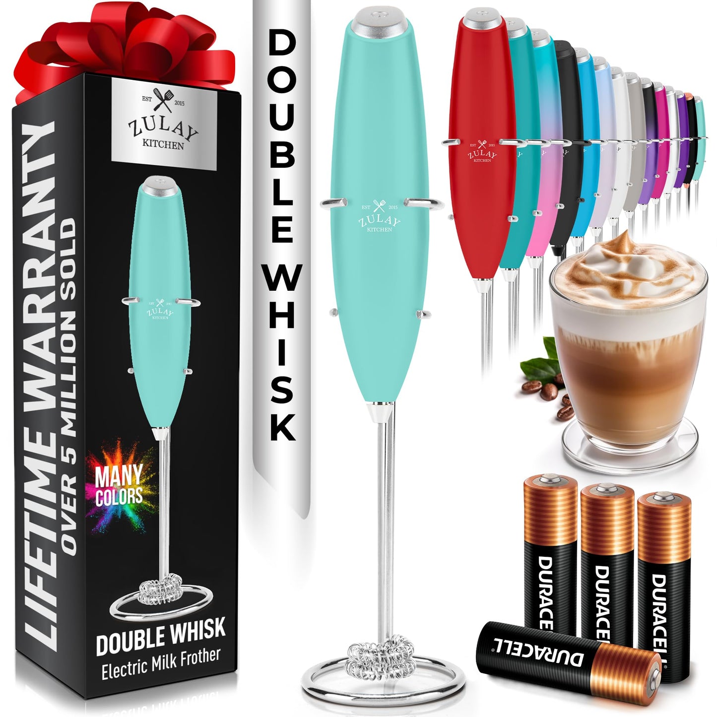 Zulay Kitchen Milk Frother Handheld Electric Whisk – Frother Wand, Durable Drink Mixer, Coffee Frother, Hand Blender, Frother for Protein Powder, Matcha & More - Black