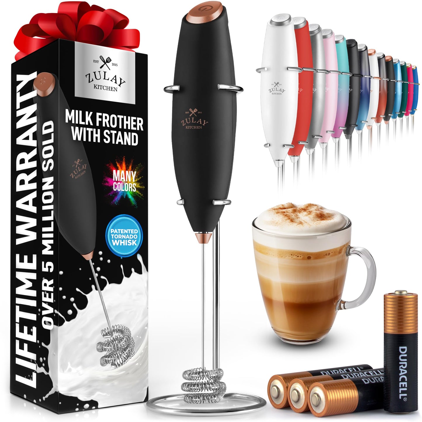 Zulay Kitchen Milk Frother Handheld Electric Whisk – Frother Wand, Durable Drink Mixer, Coffee Frother, Hand Blender, Frother for Protein Powder, Matcha & More - Black